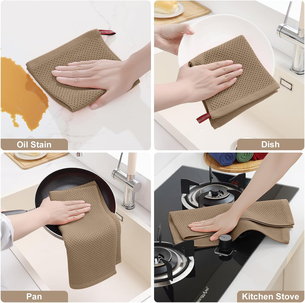 Homaxy 12 Pack 100% Cotton Kitchen Towels and Dishcloths Set, Tan | 12 x 12 Inches and 13 x 28 Inches Kitchen Towels