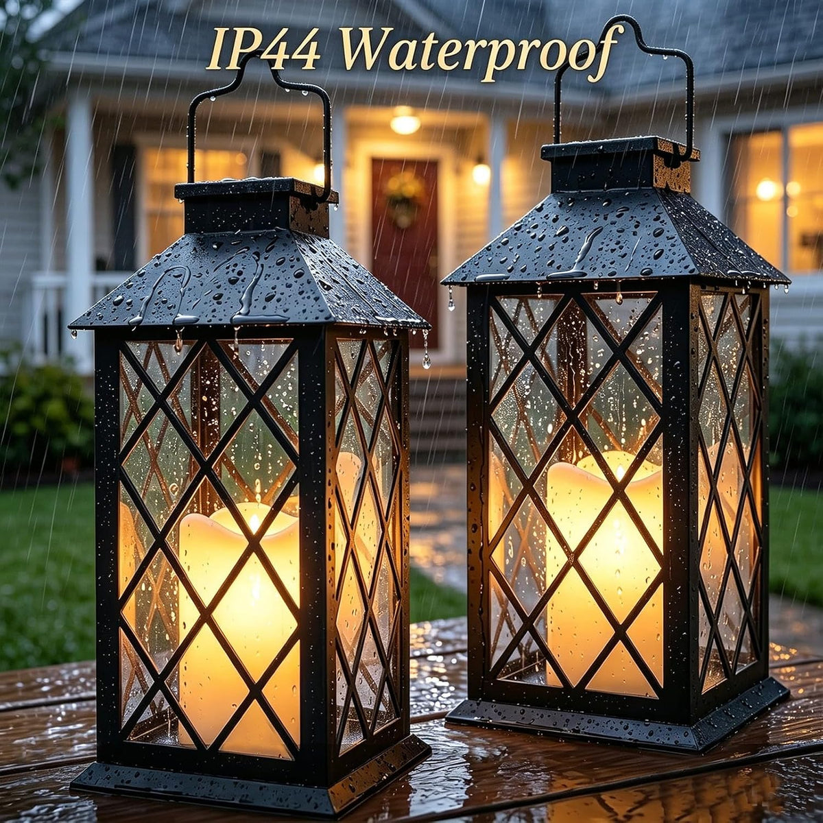 14" Large Tempered Glass Solar Lanterns Outdoor Waterproof | Black retro solar lantern with flickering flameless