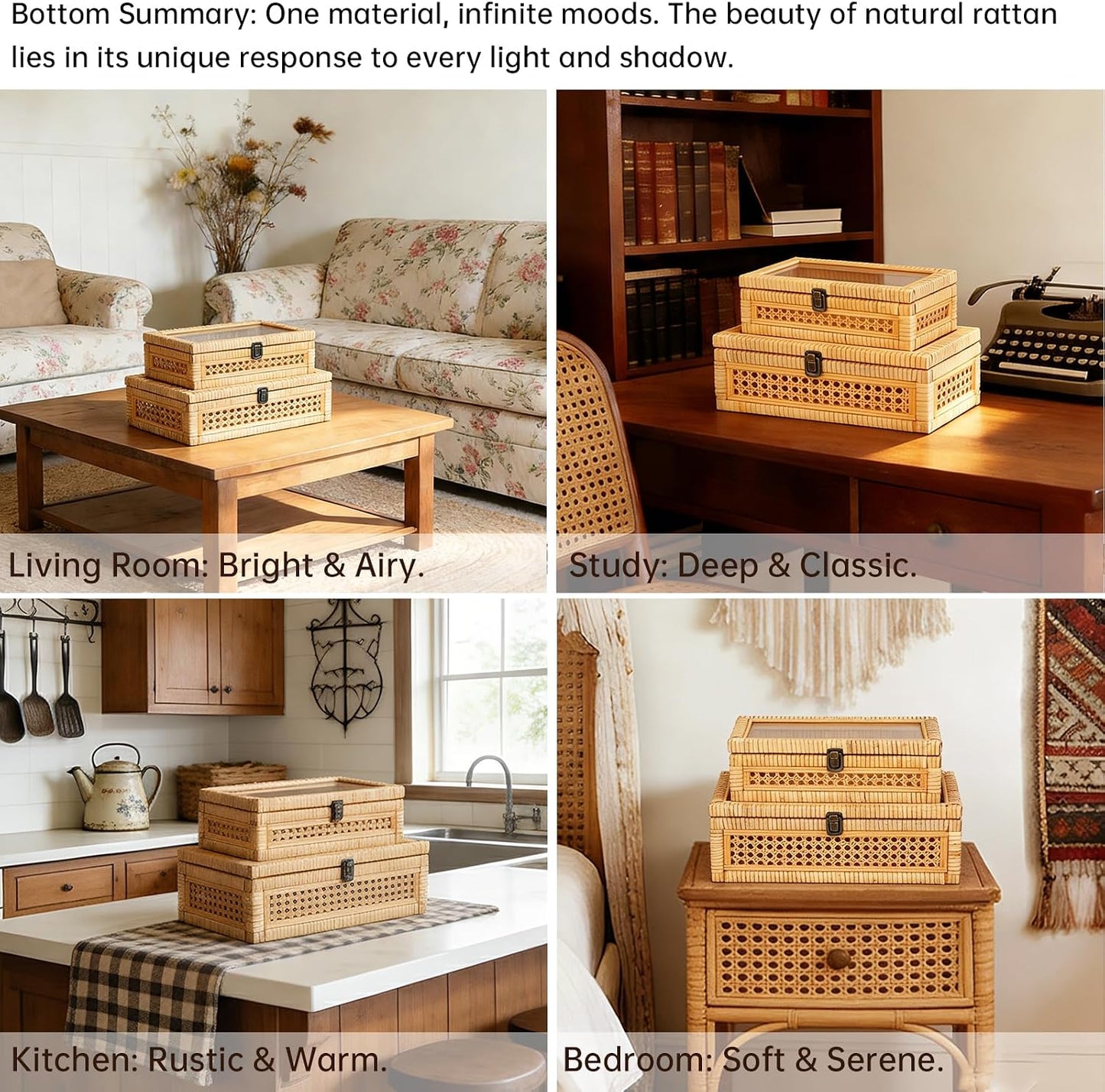 Cane Stacking Boxes / 14.1 x 8.2 x 5.1 / Rattan / Set of 2