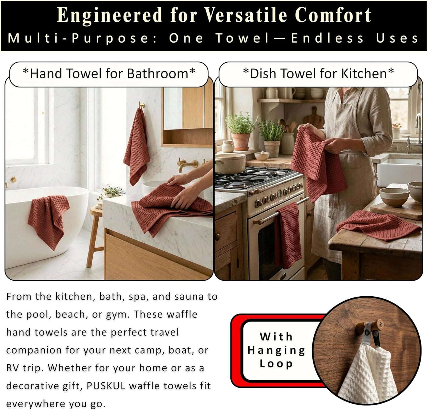 PÜSKÜL Natural 100% Turkish Cotton Waffle Hand and Kitchen Towels Set of 3 | Brick-Red, Large 32x16 inc