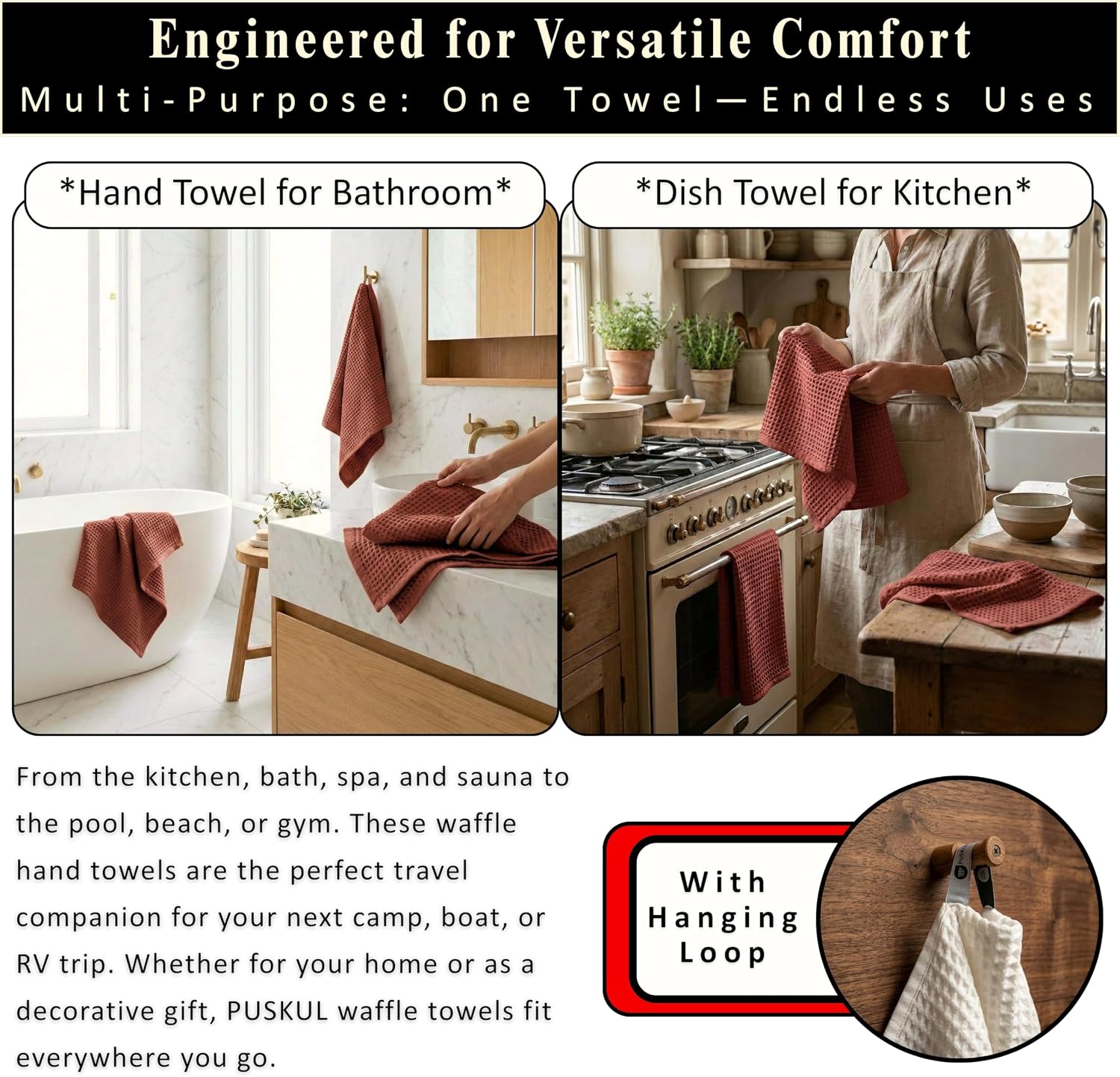 PÜSKÜL Natural 100% Turkish Cotton Waffle Hand and Kitchen Towels Set of 3 | Brick-Red, Large 32x16 inc
