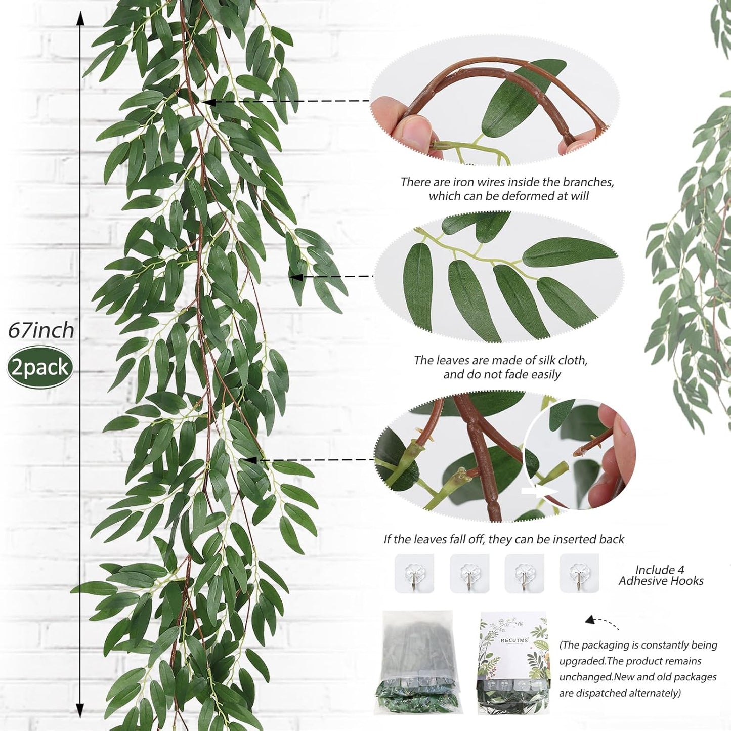 Artificial Willow Leaves Vine Twigs Fake Hanging Ivy / Willow Vines Green / 5.7 Inch / Set of 2