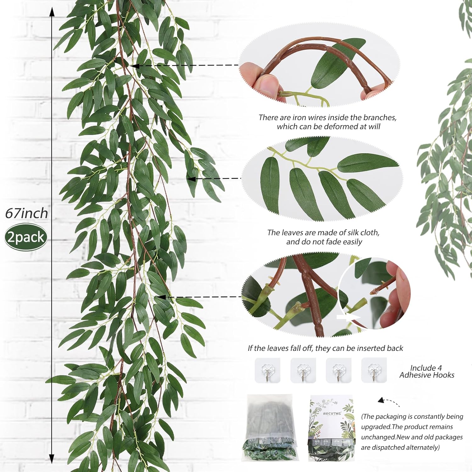 Artificial Willow Leaves Vine Twigs Fake Hanging Ivy / Willow Vines Green / 5.7 Inch / Set of 2