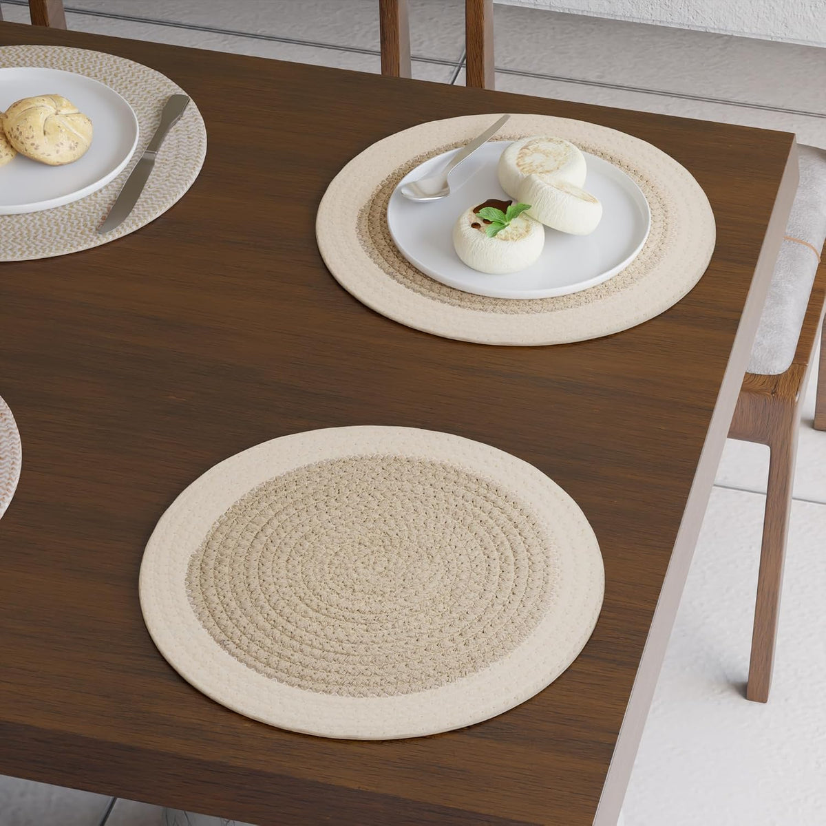 Encasa XO Placemats, Round Cotton Dining Table Mats 13" | Beige Mix Combo, Handcrafted Ribbed Texture | Heat Resistant