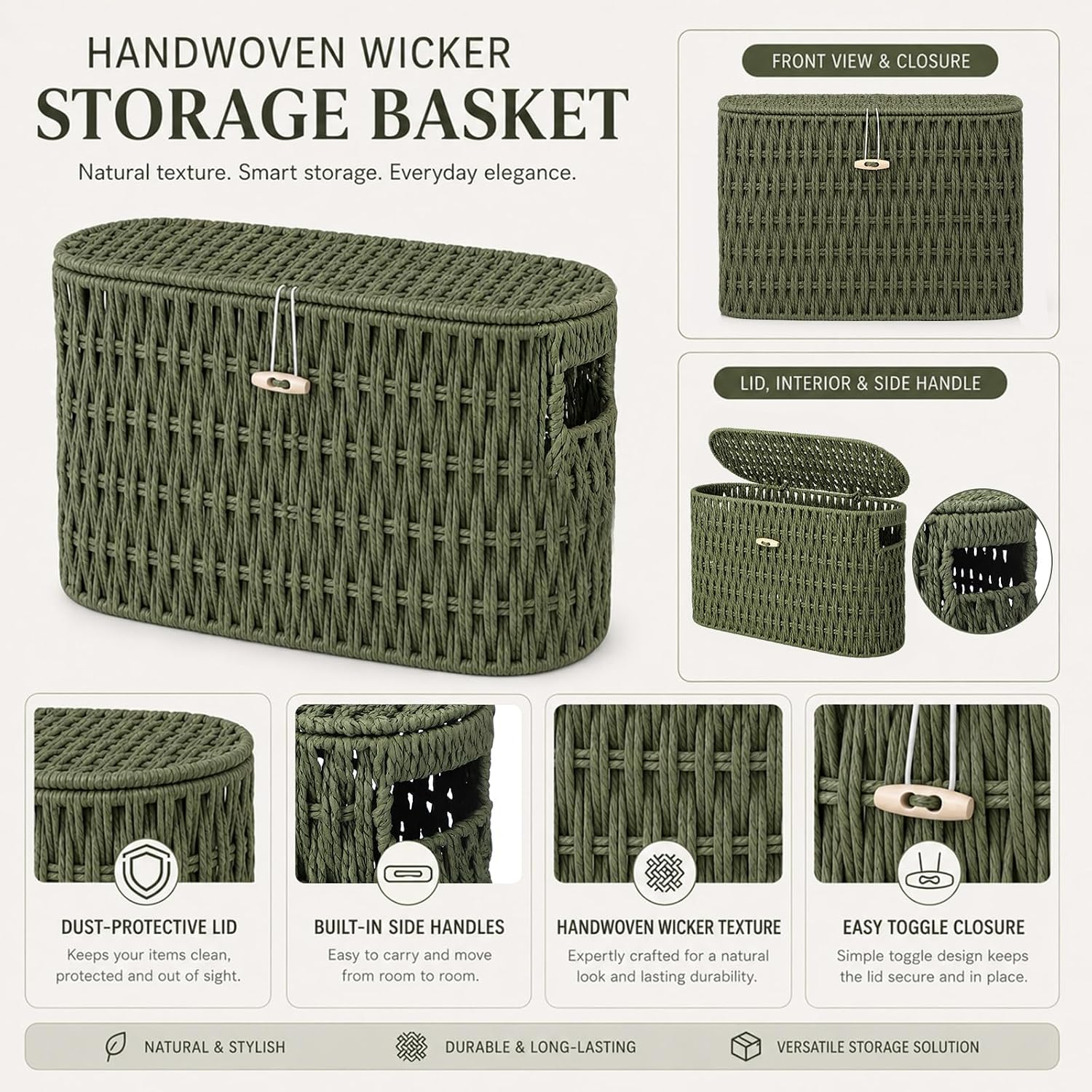 Lid and Built-in Handles Woven Bathroom Basket Toilet Paper / Sage Green / Modern / Wicker