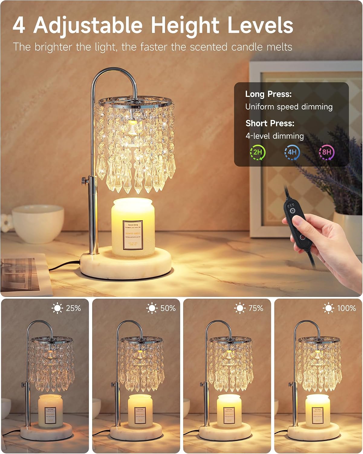 Candle Warmer Lamp with Timer Dimmer and 3 Bulbs, Candle Lamp Warmer with Marble Base for Adjustable Height, Crystal