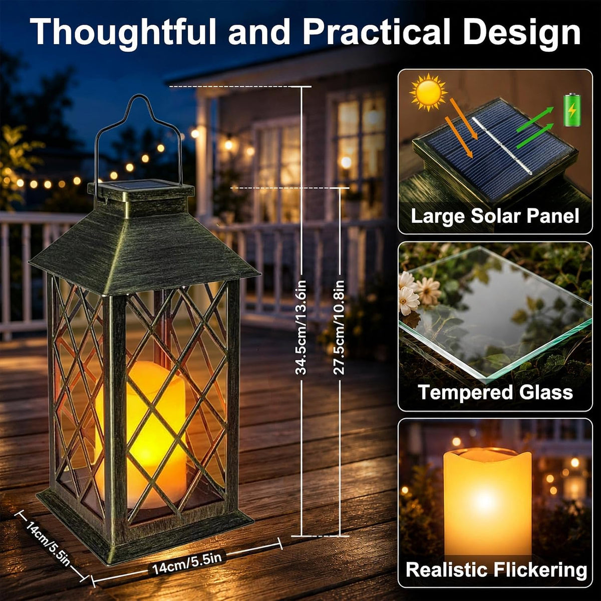 Outdoor Solar Lanterns 14'' Large Solar Lanterns Outdoor Waterproof, Bronze | 2 Pack Tempered Glass Outdoor Lanterns