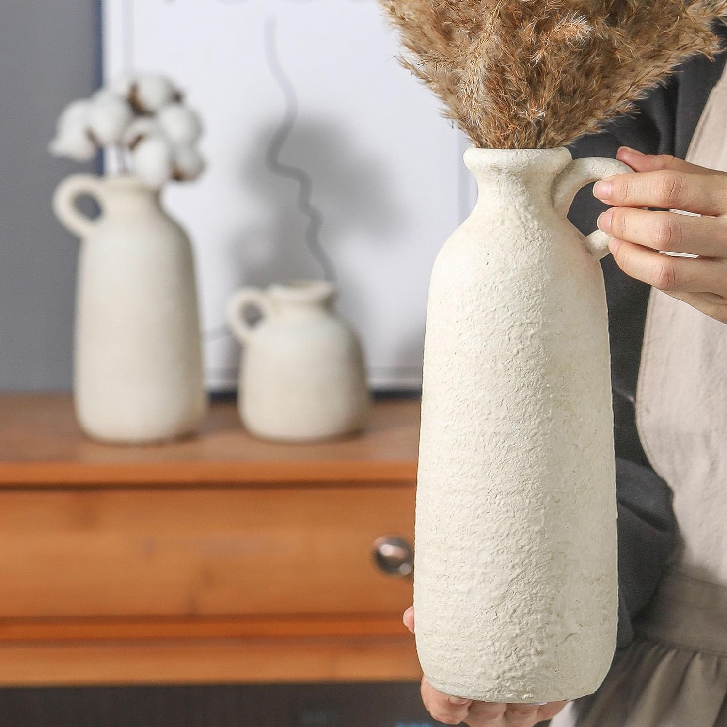Ceramic Vase / 010 Vase Set with Handle - White / Set of 3
