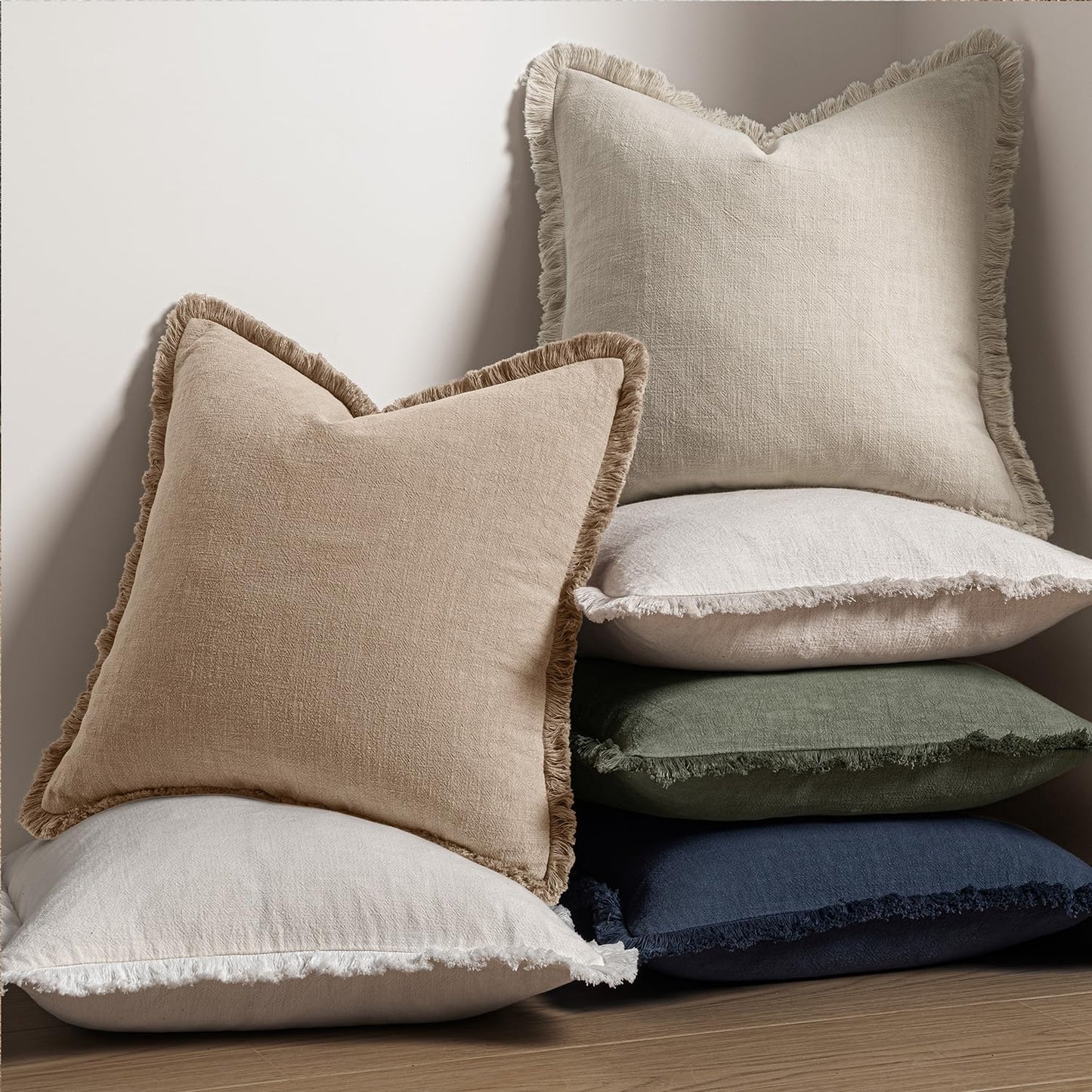 Decorative Throw Pillow Covers Neutral Linen Fringe Throw Pillows Boho / 20 x 20 / Camel / Set of 2