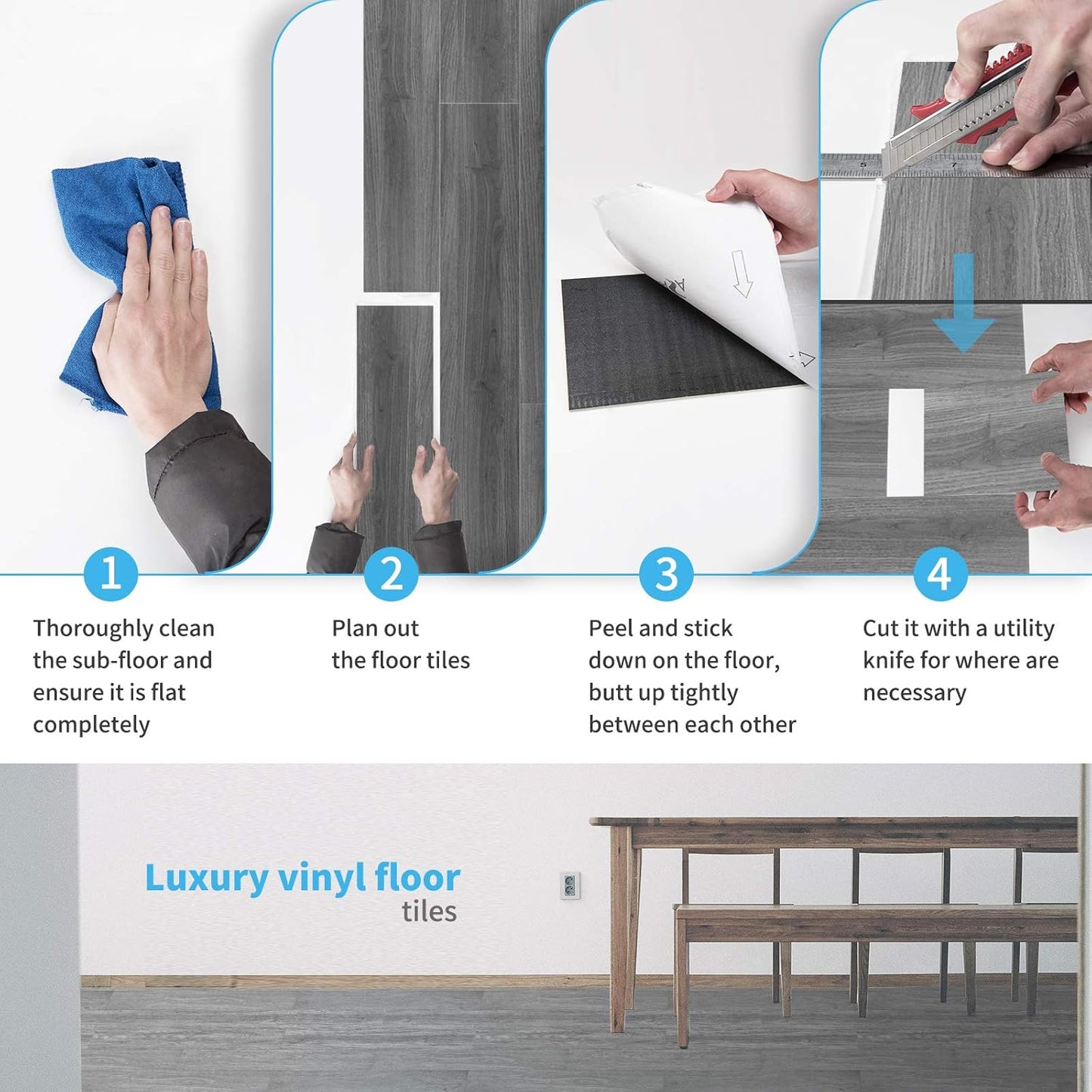 Peel and Stick Floor Tile Vinyl Wood Plank 54 Sq.Ft / 36 x 6 x 0.1 / Deep Grey / Set of 36
