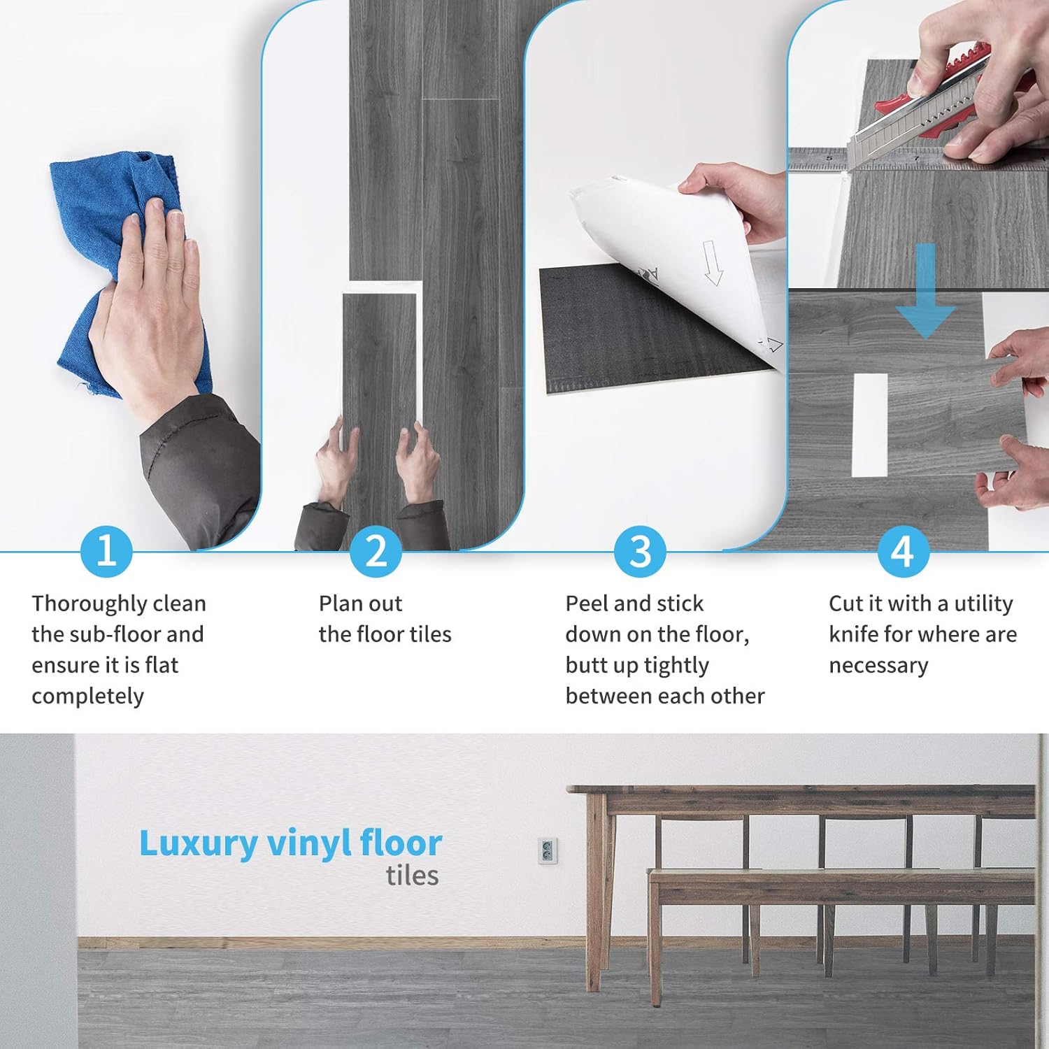 Peel and Stick Floor Tile Vinyl Wood Plank 54 Sq.Ft / 36 x 6 x 0.1 / Deep Grey / Set of 36