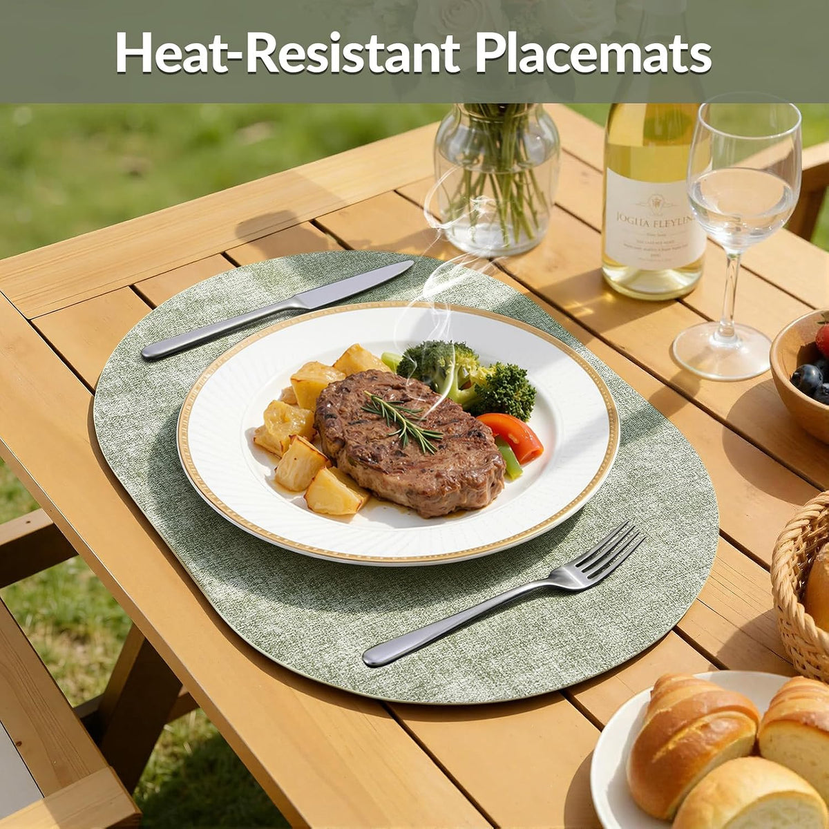 Placemats Set of 6, 11.8 x 17 Inch, Grass Green | Heat Resistant Oval Faux Leather Place Mats, Waterproof Wipeable