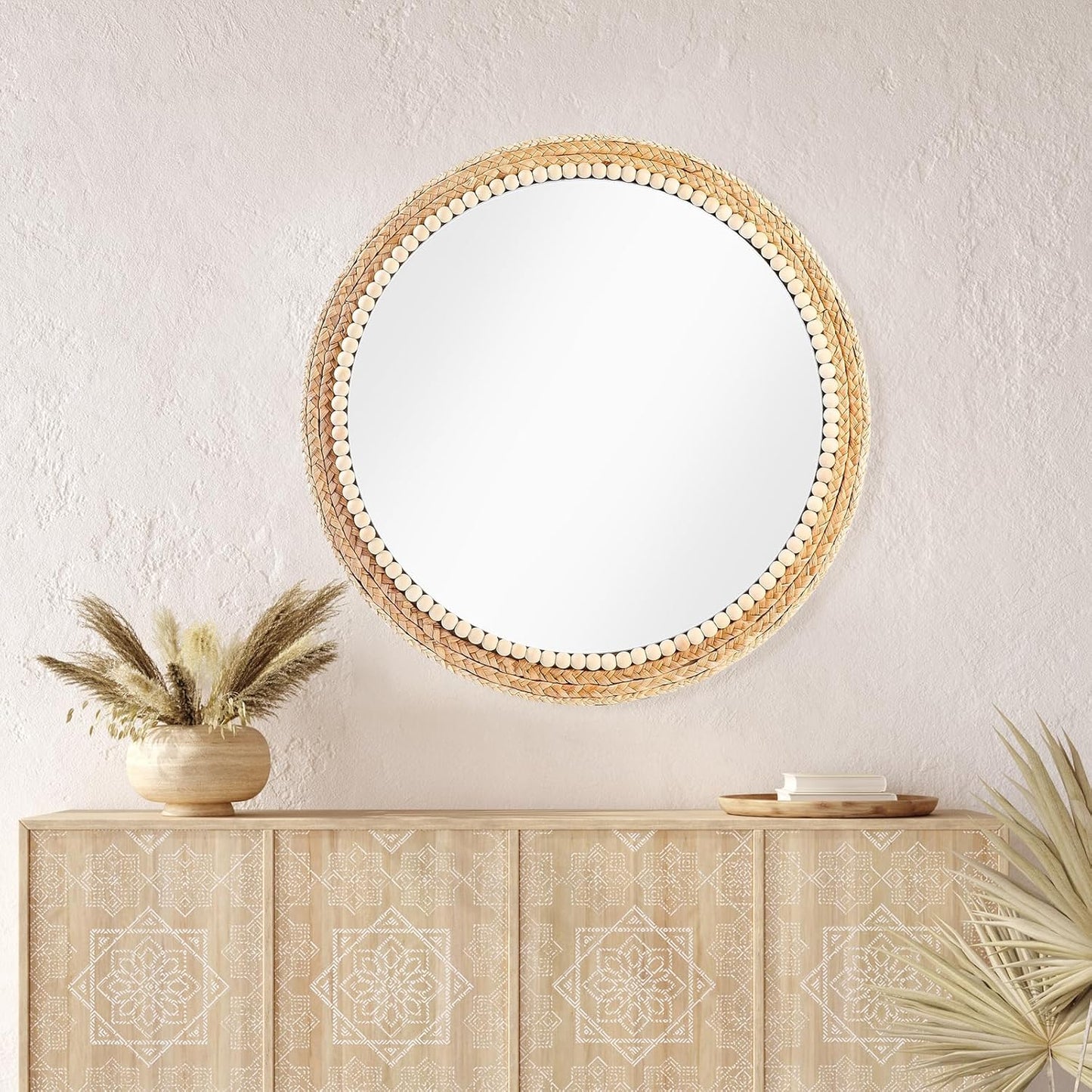 Boho Round Hanging Wall Mirror Decorative Rattan Circle Wall Mounted Mirror / 21 Inch Wood / 21 Inch