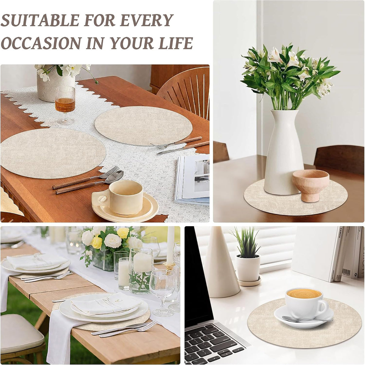 13" Round Placemats Set of 8, Reversible Faux Leather Wipeable Table Mats | 2mm Vinyl Heat Resistant, Waterproof