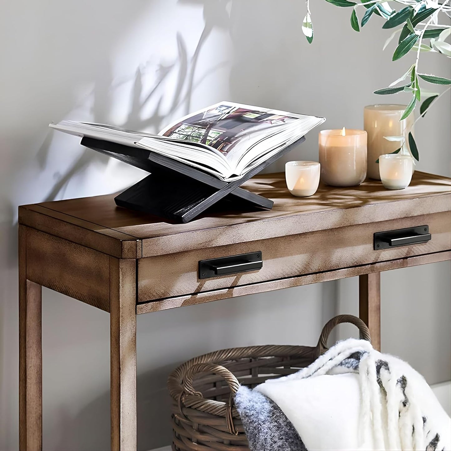 Honygebia Solid Oak Wood Book Stand, Cross Frame Open Display Holder | Solid Black Oak Wood, 14mm Thick Panels, 9.5"D x
