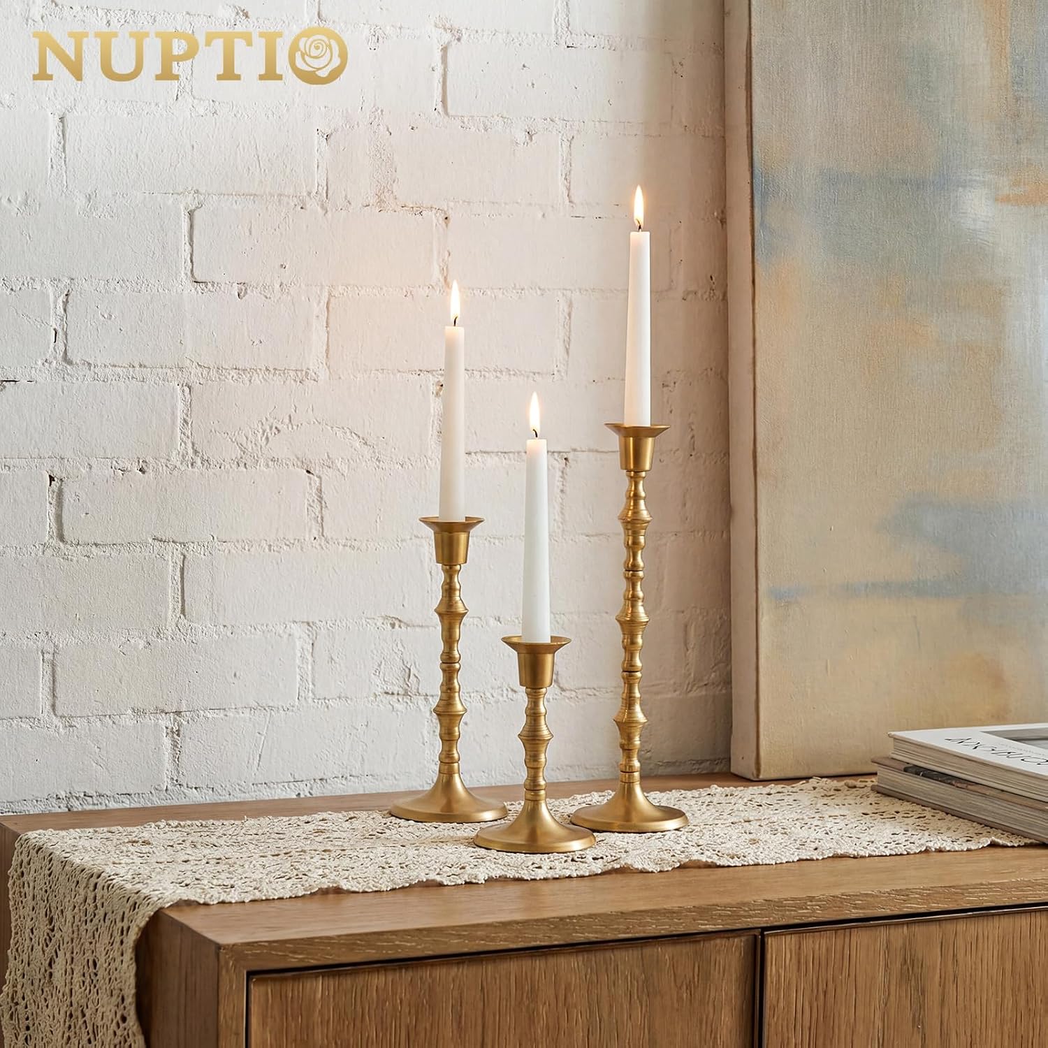 NUPTIO Gold Candlestick Holders for Centerpiece: Unique Taper Candleholders | Set of 3 Tall Assorted Candle Stick