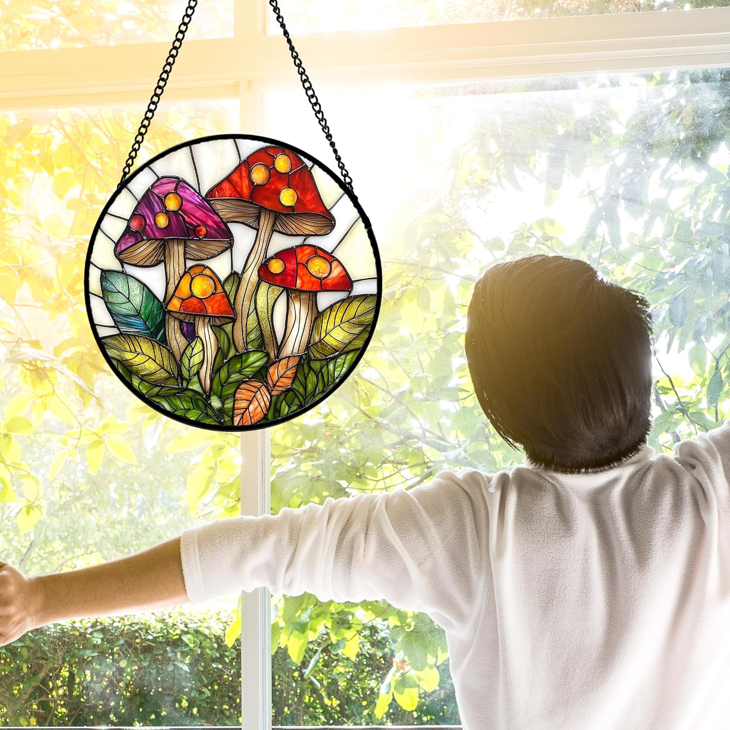 Stained Glass Window Hanging / Red and White / 11.8 x 11.8