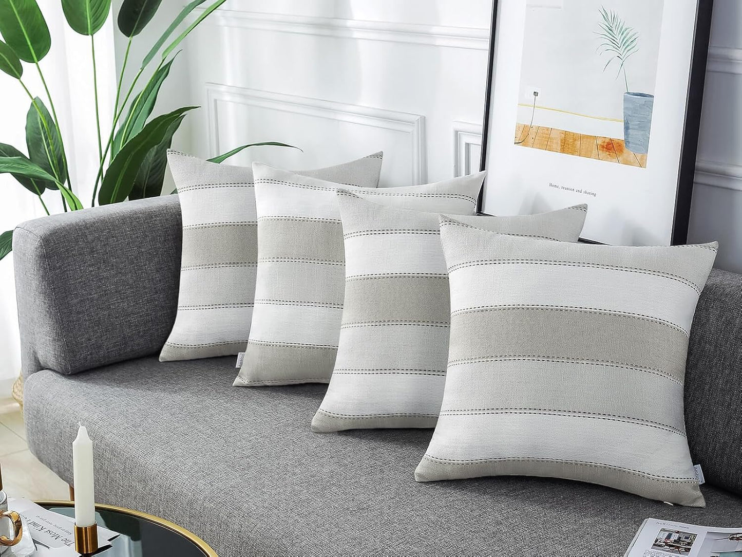 Farmhouse Stripe Check Throw Pillow Covers Set Case Cotton / 18 x 18 / Light Gray Beige / Set of 2