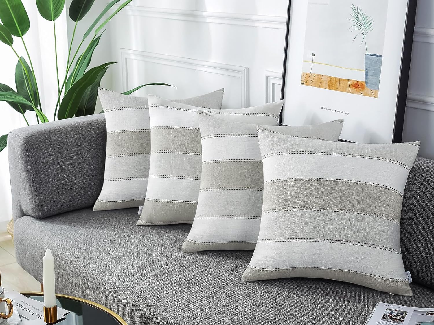 Farmhouse Stripe Check Throw Pillow Covers Set Case Cotton / 18 x 18 / Light Gray Beige / Set of 2