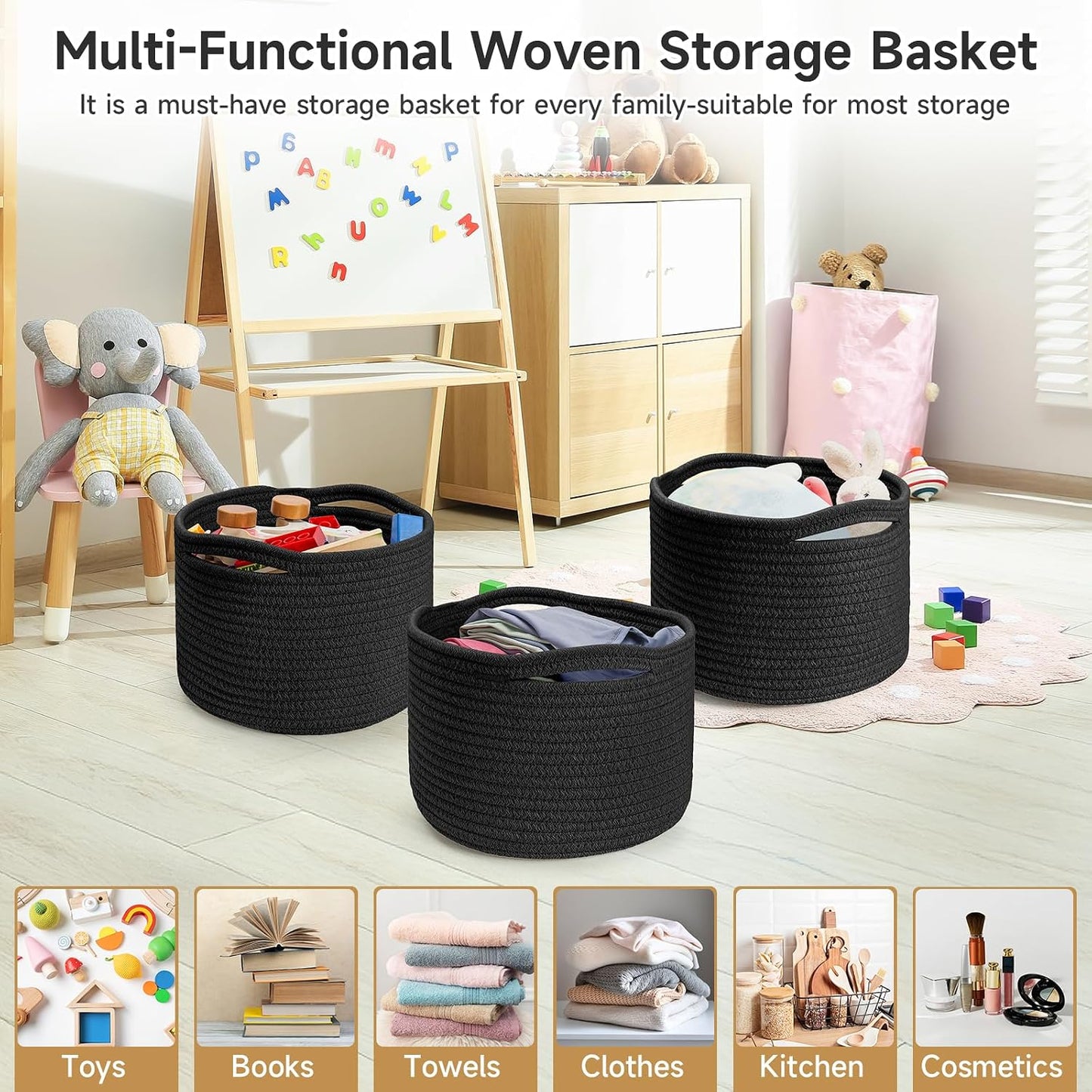 Round Woven Basket / Black / Set of 3