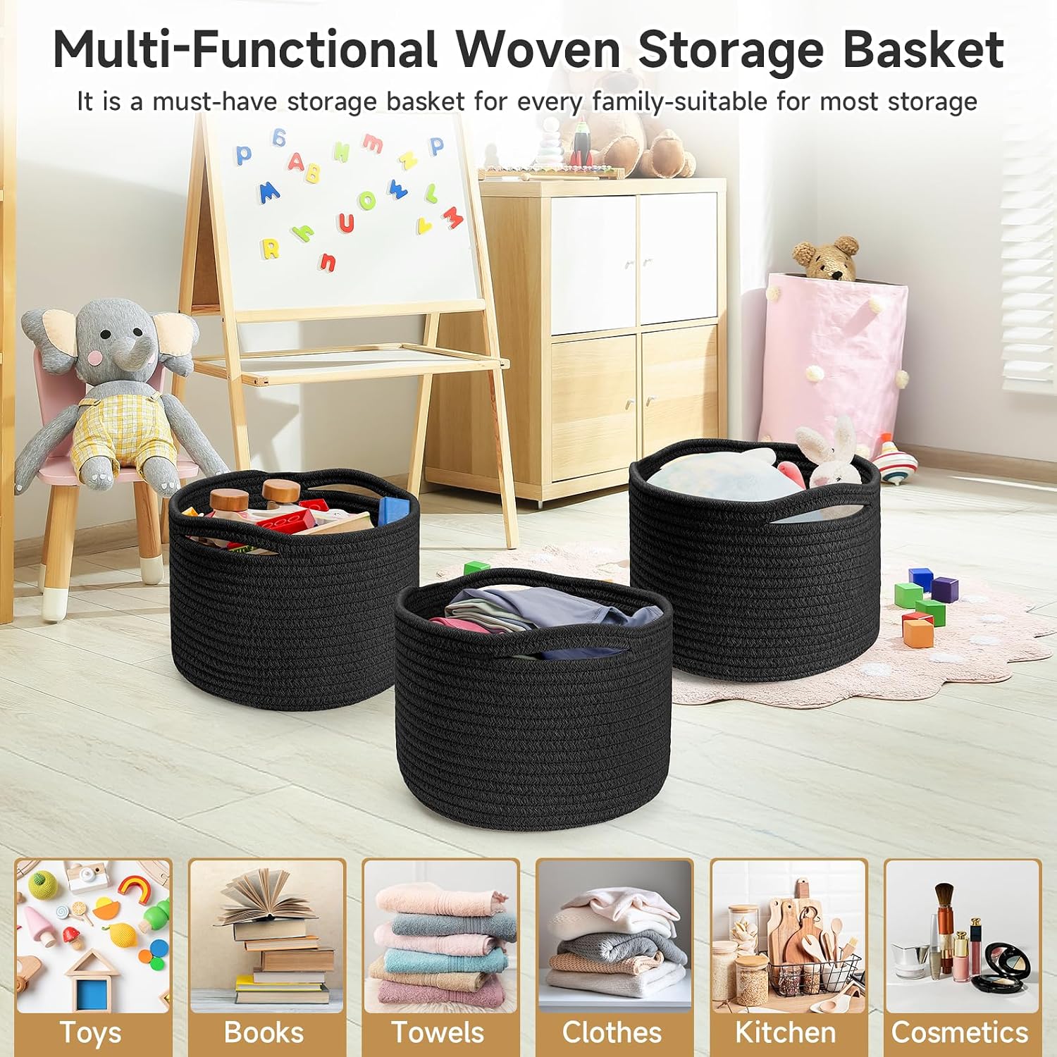 Round Woven Basket / Black / Set of 3