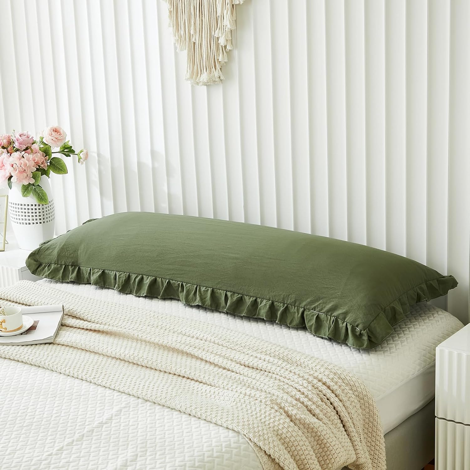 Shabby Chic Pillow Cover / Body / Olive Green / 20 x 54