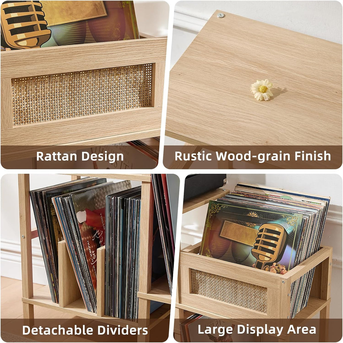 Record Player Stand, Natural Oak Wood Record Holder with Vinyl Storage Holds up to 300+ Albums, 3-Tier Rattan Media