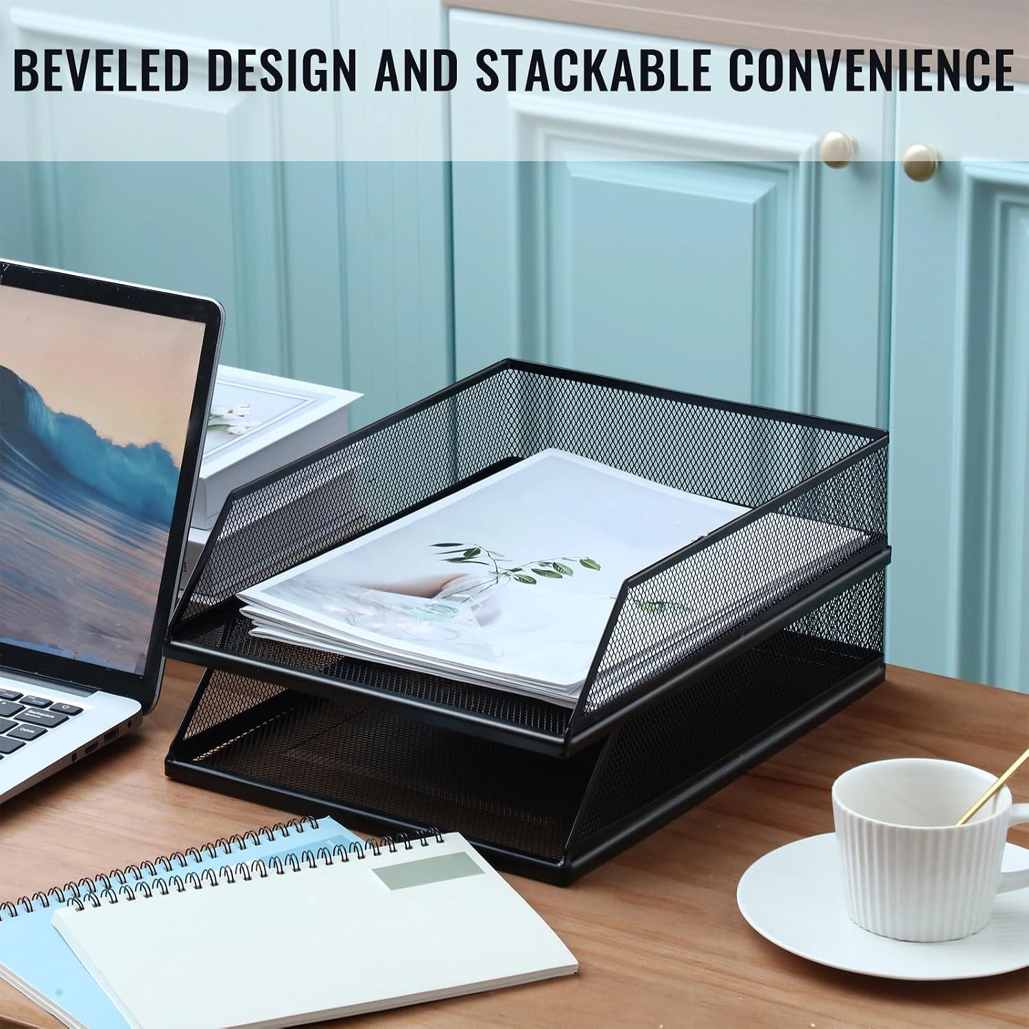 Hicarer 4 Pcs Black Metal Letter Tray Stackable Desk Tray Single Wire Mesh Organizer Front Load File Paper Holder for
