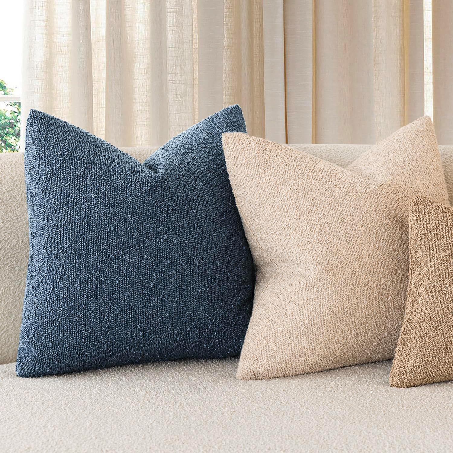 Textured Boucle Throw Pillow Covers Accent Solid Pillow Cases Soft / 18 x 18 / Blue Ashes / Set of 2