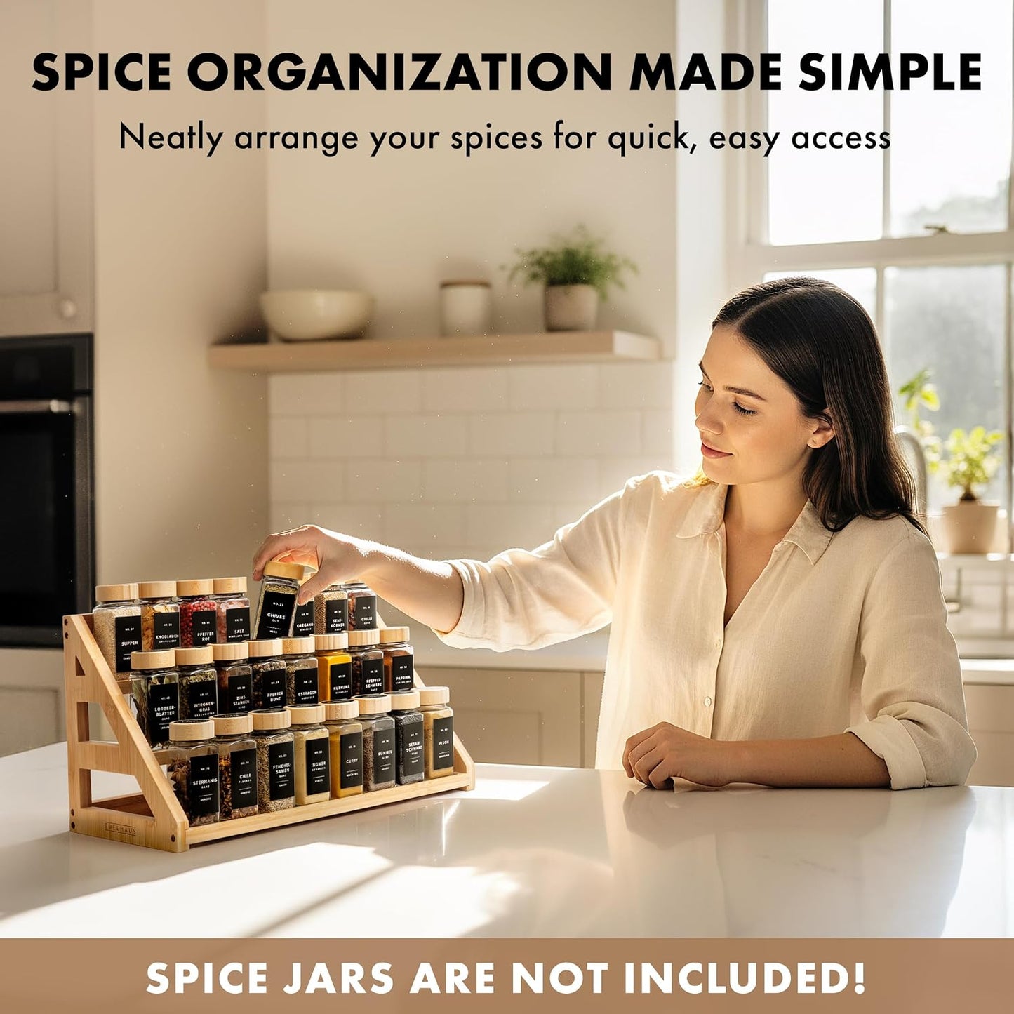 3 Tier Bamboo Spice Rack Organizer for Cabinet – Fits 24 Spice Jars, 17.5” Wide Countertop & Cabinet Organizer for