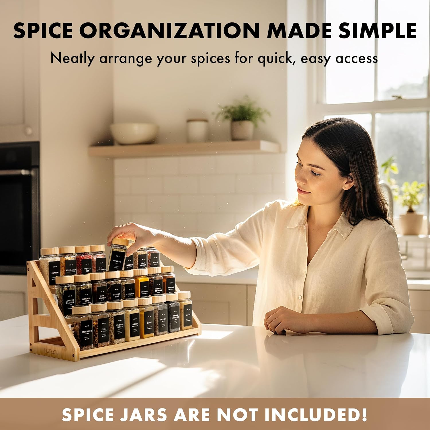 3 Tier Bamboo Spice Rack Organizer for Cabinet – Fits 24 Spice Jars, 17.5” Wide Countertop & Cabinet Organizer for
