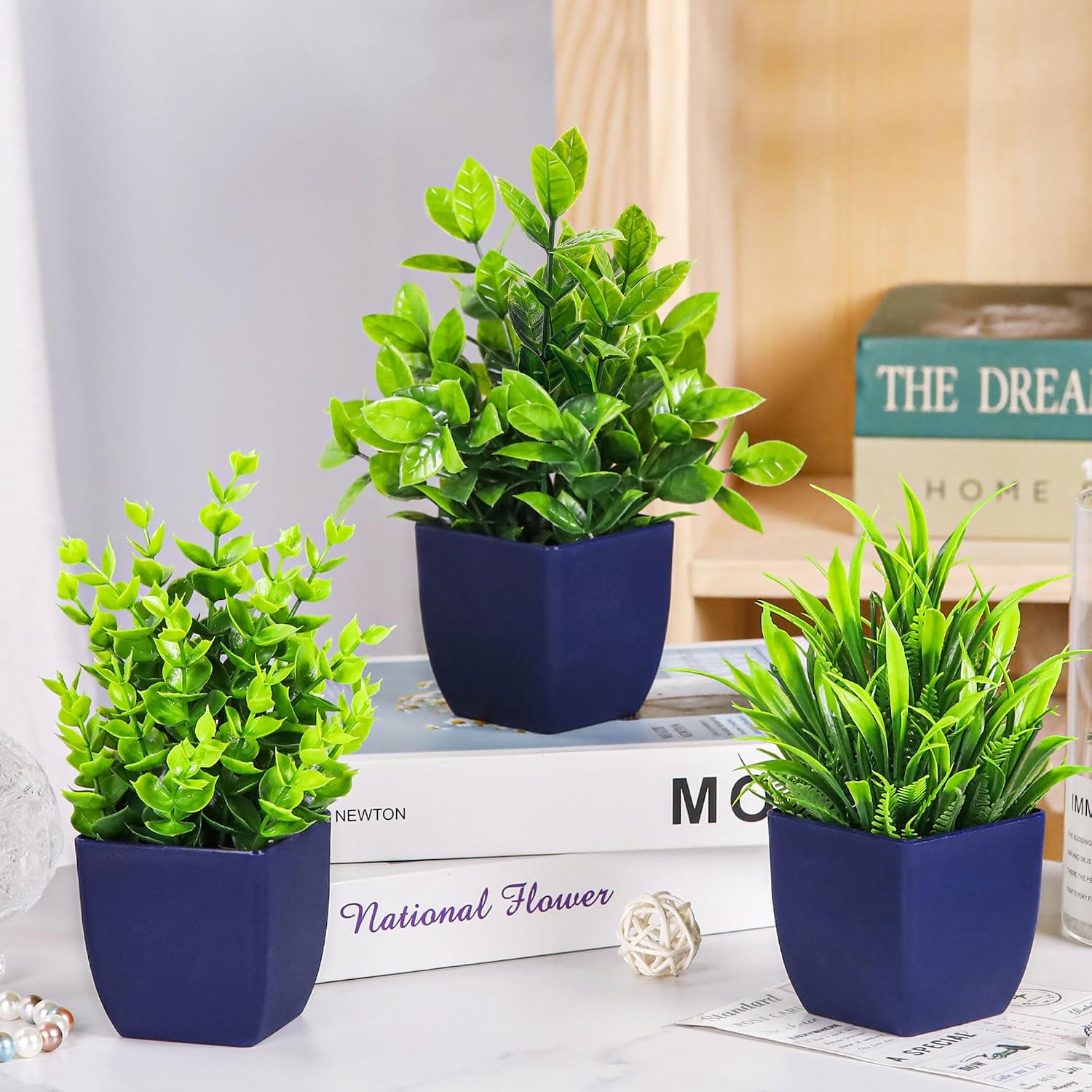 Fake Plants Small Artificial Plants in Blue Pots Faux Plants Indoor / 4-blue / Set of 4