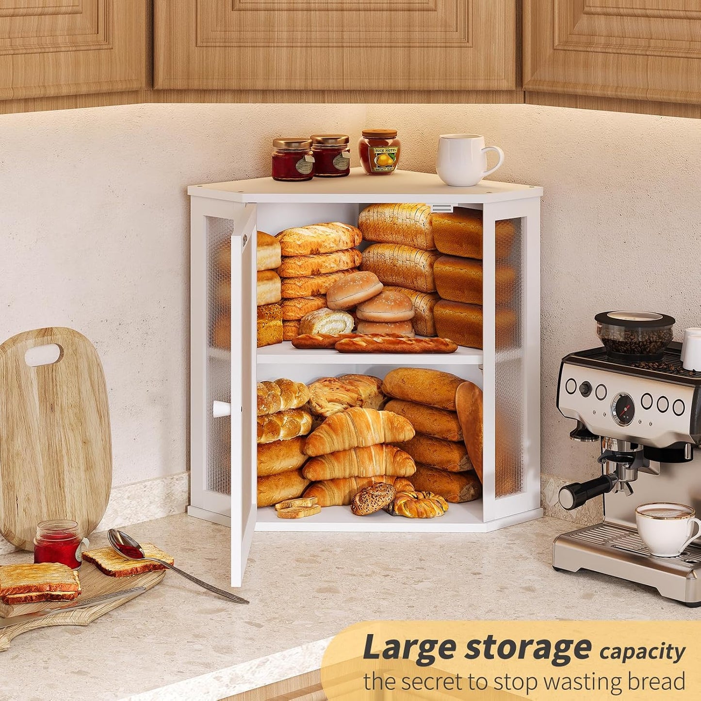 Corner Bread Box for Kitchen Countertop,Bread Storage for Homemade Bread, Double Layer Large Bamboo Kitchen Storage Bin