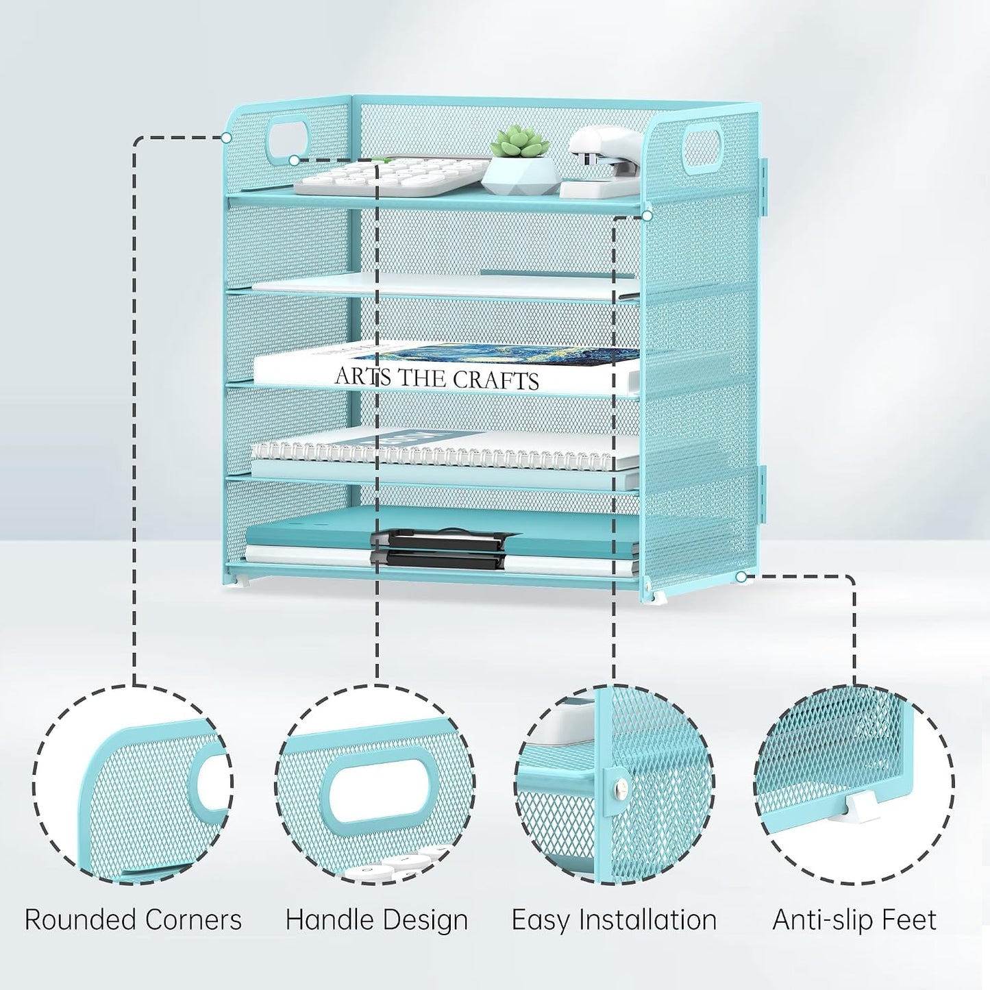 2 Pack 5-Tier Blue Desk Organizer with Handle Mesh Desk File/Paper Organizer Letter Tray for Office, School and Home