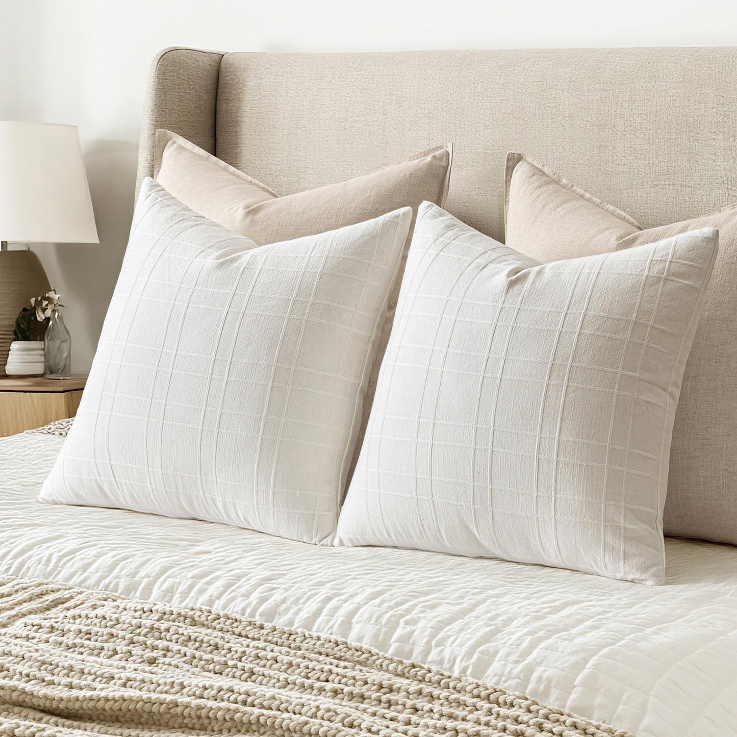Decorative Linen Check Throw Pillow Covers Neutral Farmhouse / 18 x 18 / Cream White / Set of 2