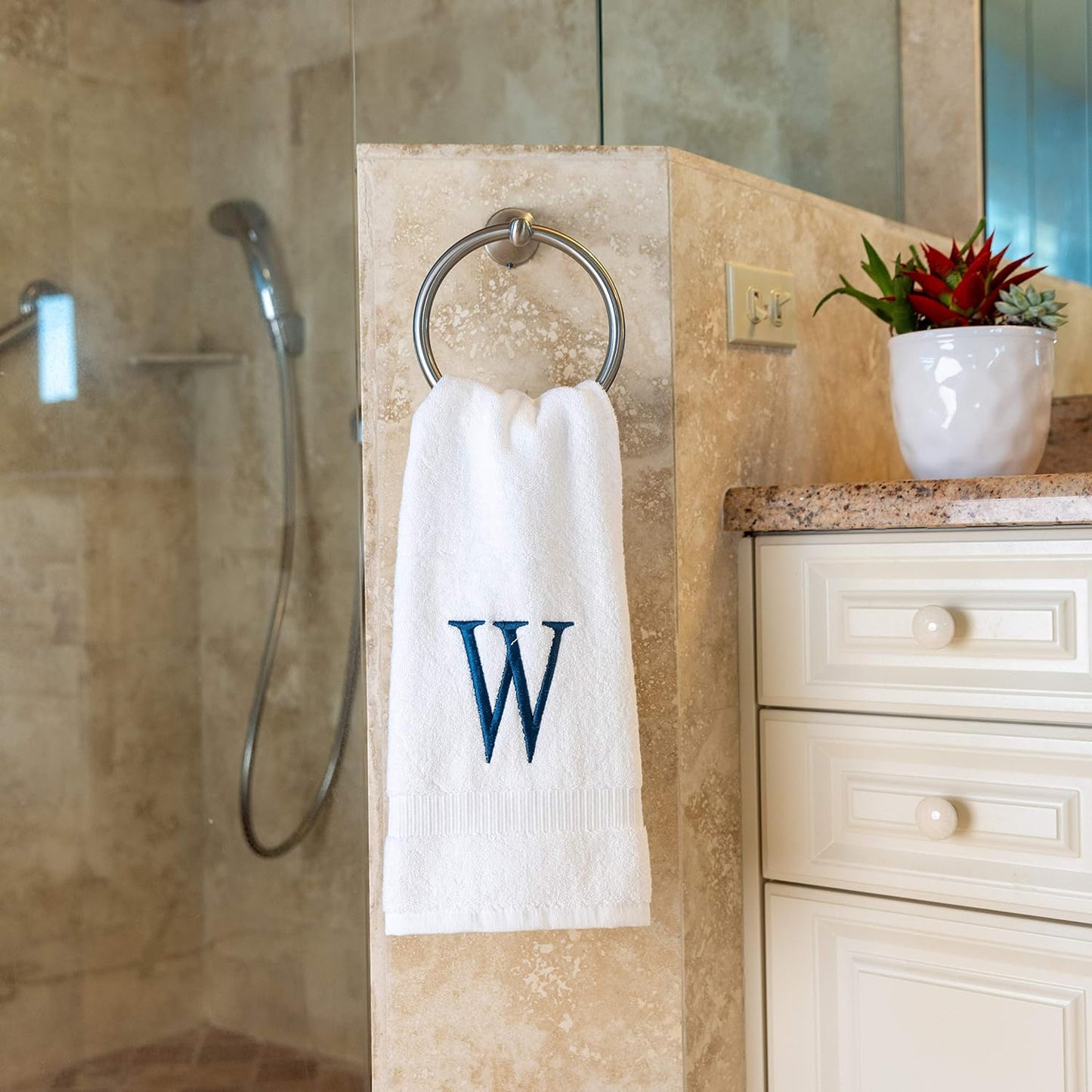 White with Navy Monogrammed Hand Towels for Bathroom - Set of 2 Letter W | Luxury Hotel Quality Initial Towels For