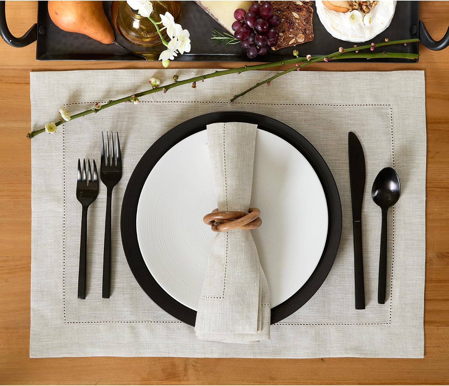 Solino Home 100% Pure Linen Placemats Light Natural, 14 x 19 in, Set of 4 | Classic Hemstitch Place Mats place settings