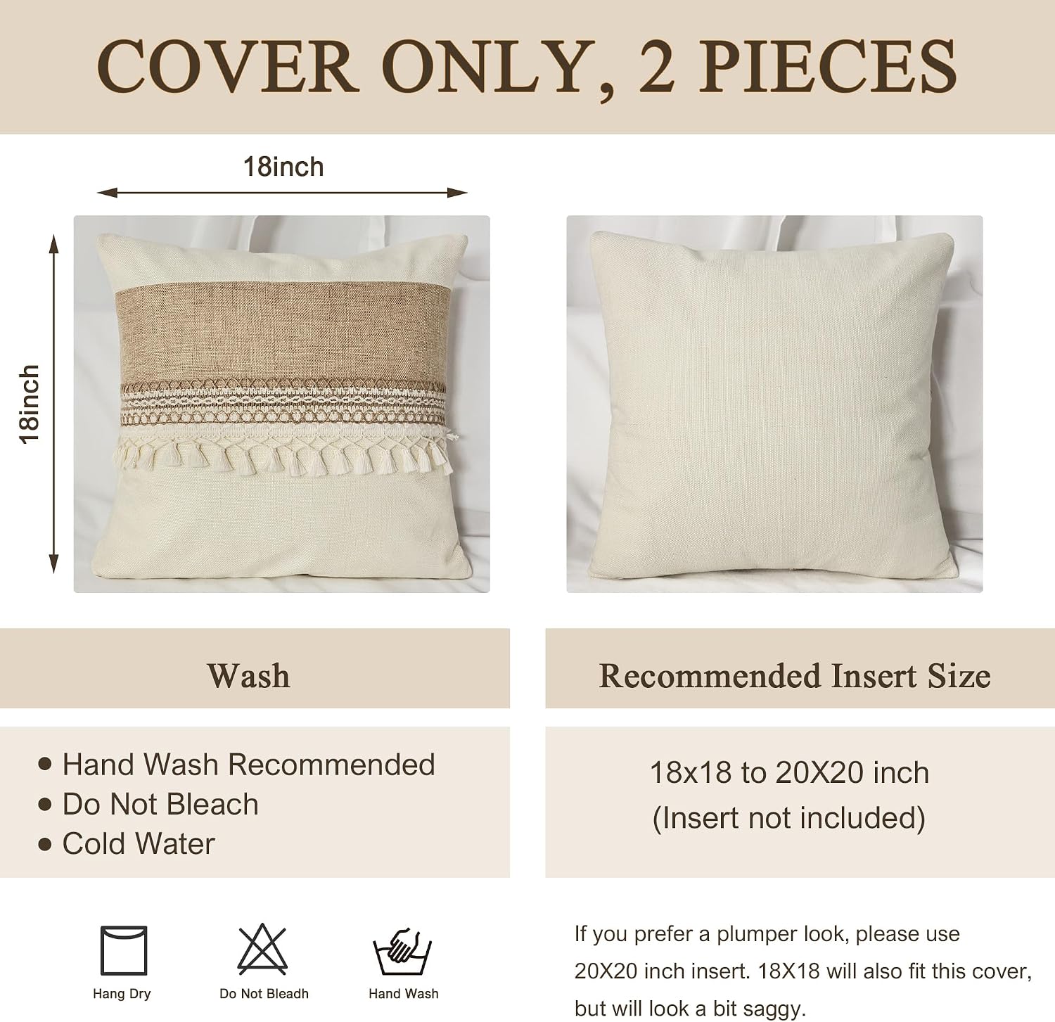 Boho Pillow Covers / Boho Beige Tassles-b / 18 x 18 / Set of 2