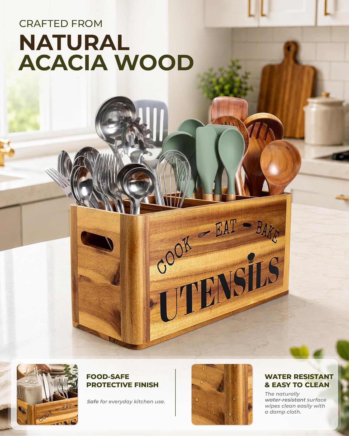 INSAGO Extra Large Acacia Wooden Kitchen Utensil Holder for Countertop | 4 Compartments Sturdy Utensil Holder