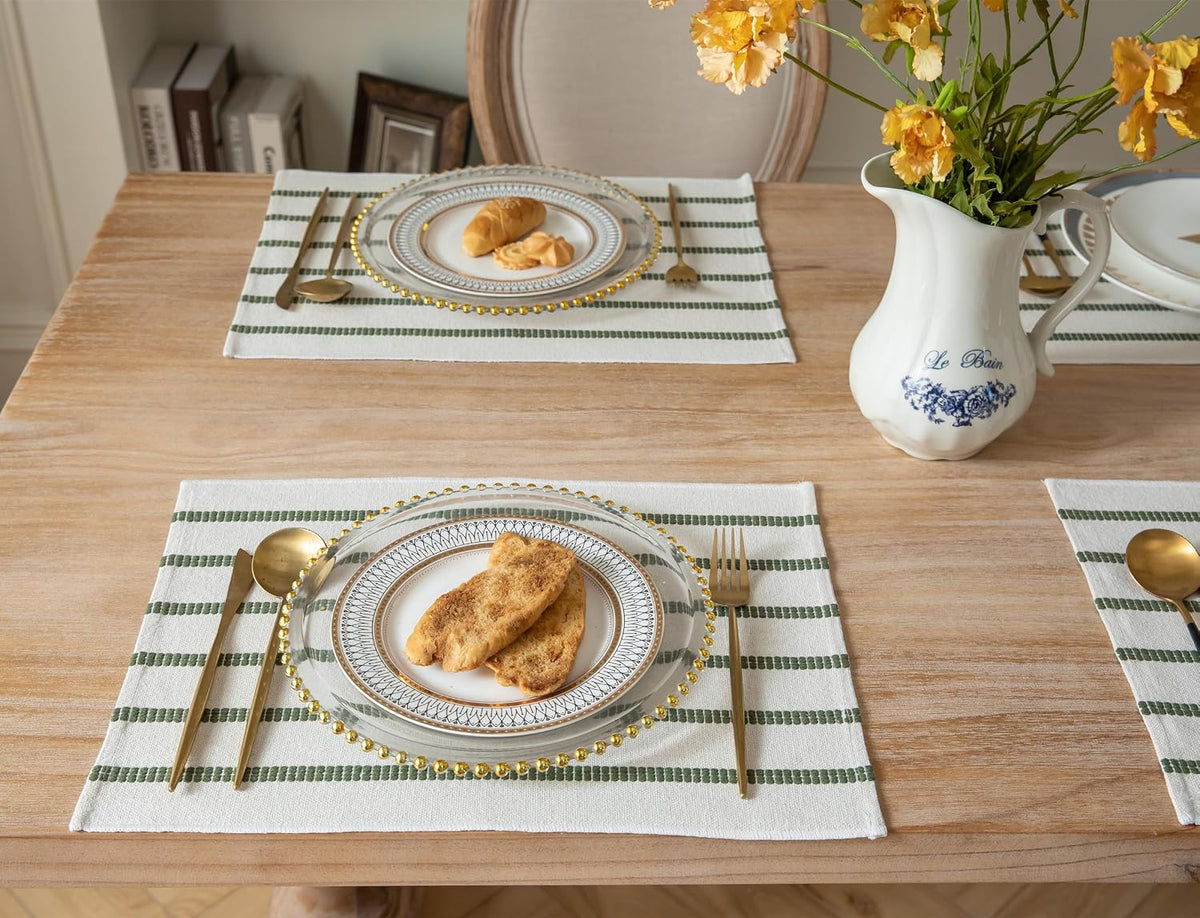 Boho Farmhouse Placemats Set of 6, Green Beige Stripes Cotton Linen Woven Table Mats for Modern Dining Table, 13x19