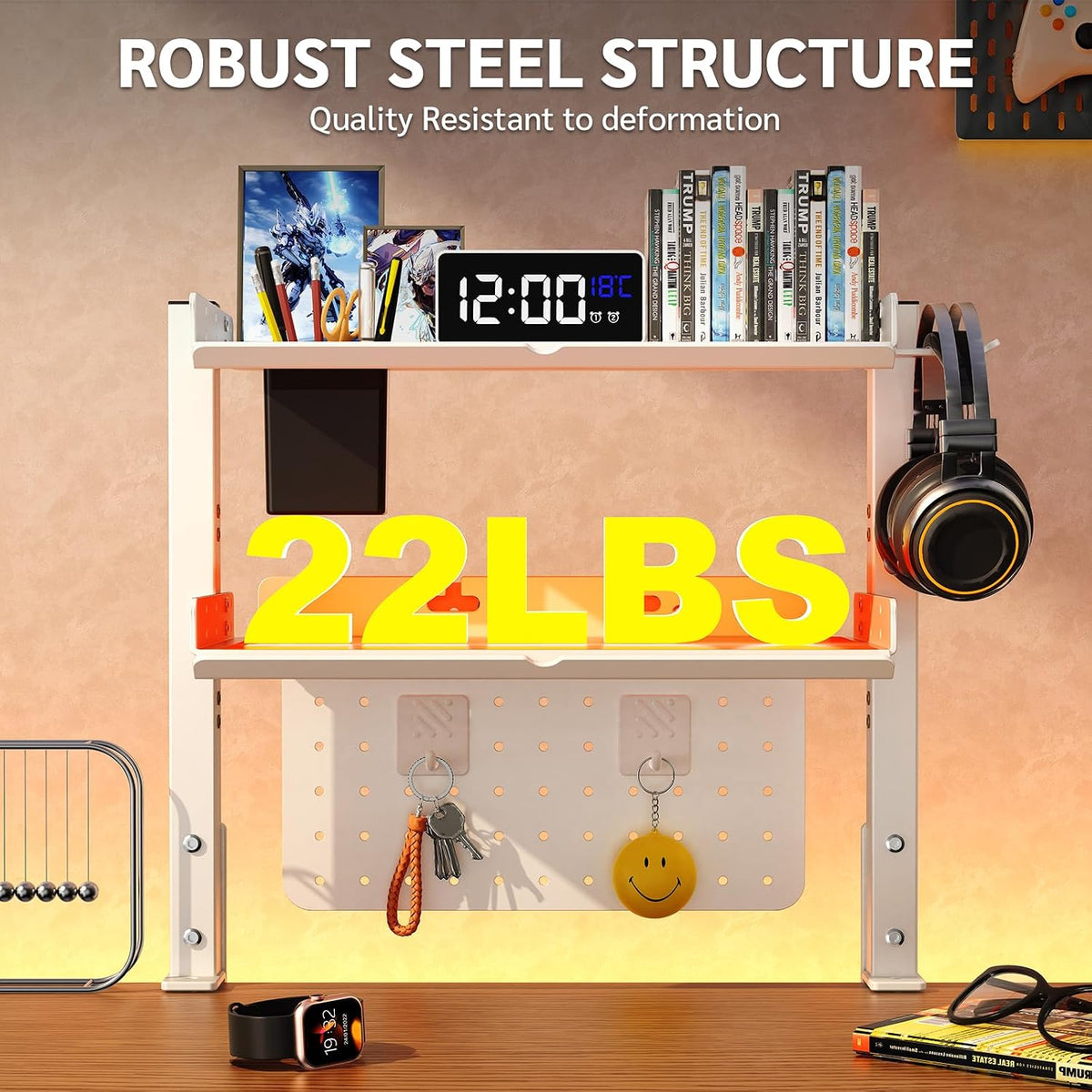 Metal Clamp On Desk Shelf,Storage Shelves with Pegboard and Pencil Holder | 2-Tier Adjustable 16 inch Above or Under