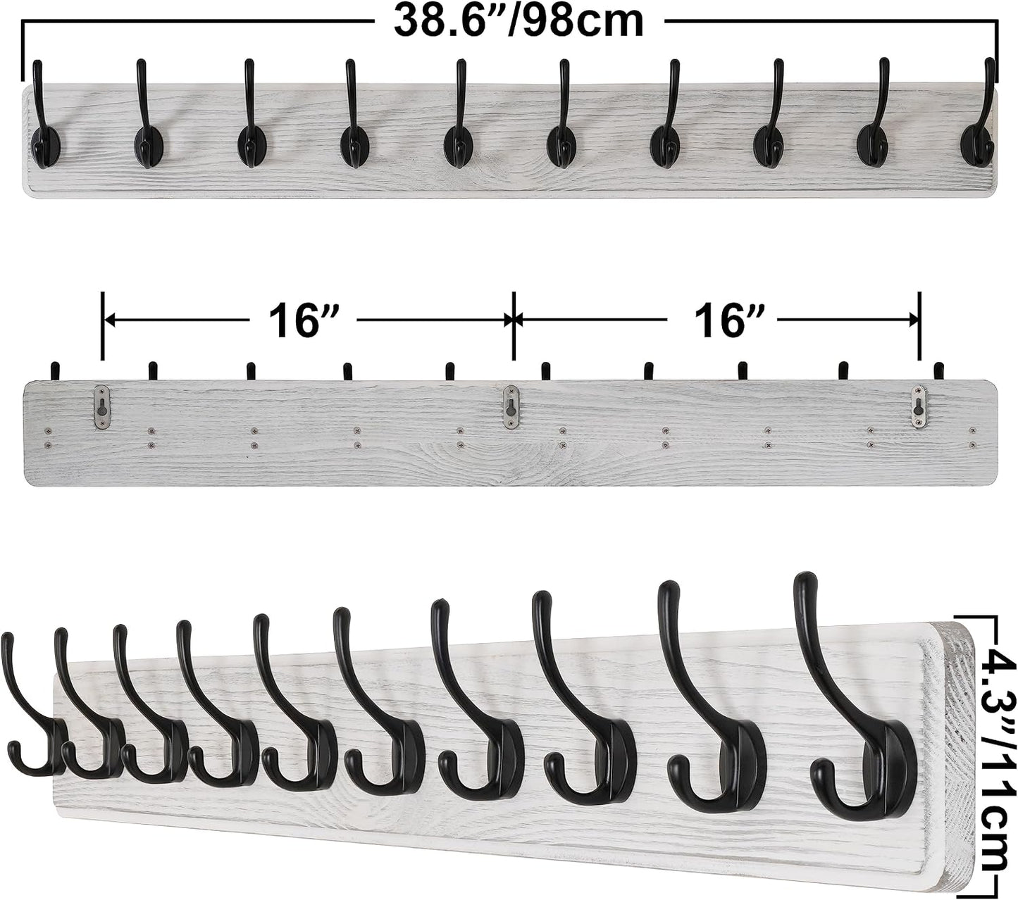 SKOLOO Rustic Wall Mounted Coat Rack, Case of 2, Pine Solid Wood Coat Hook Hanger - 10 Hooks for Hanging Clothes Robes