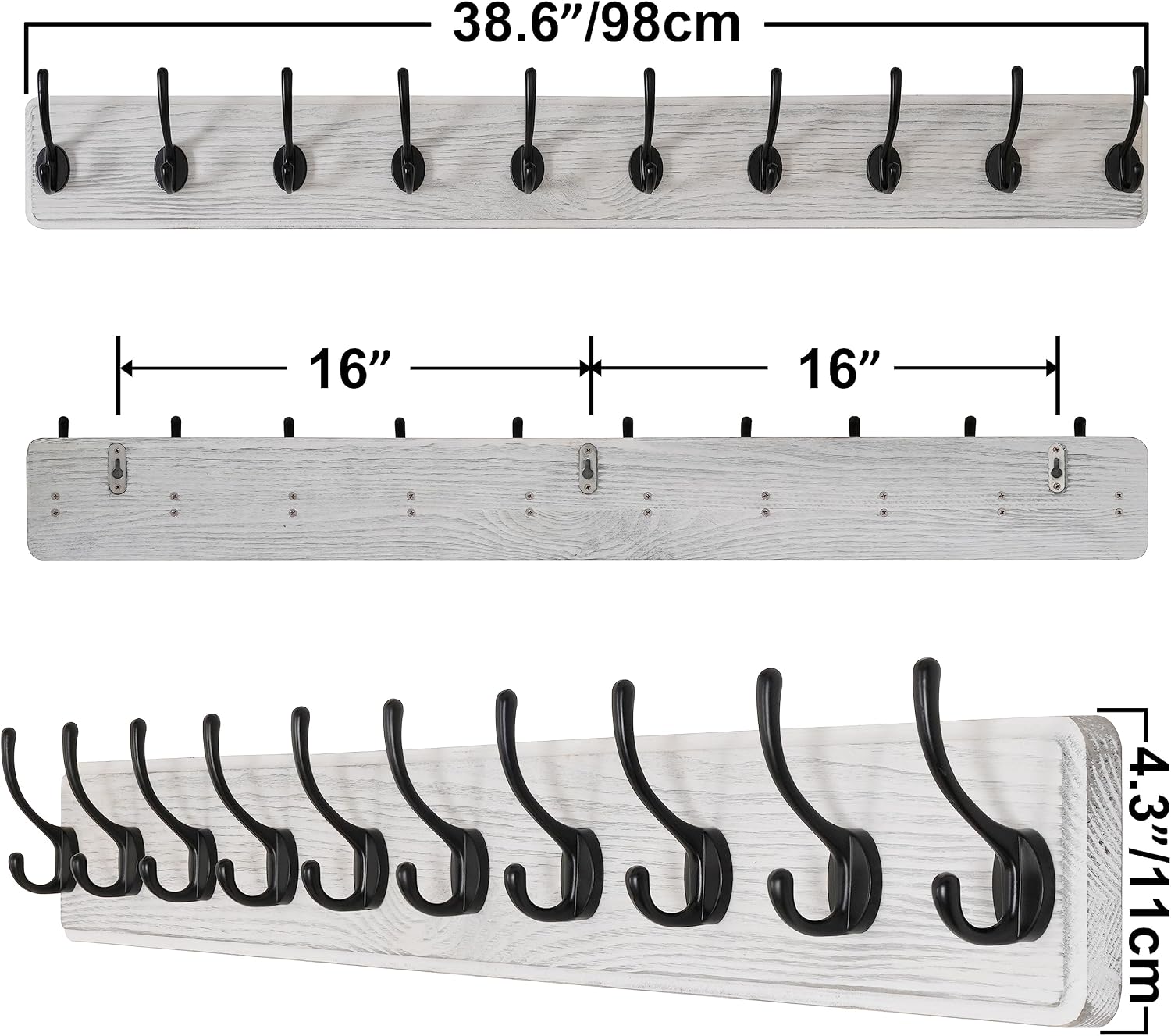 SKOLOO Farmhouse Style Large Wall Mounted Coat Rack-38.6'' Long, Pine Solid Wood Coat Hook Hanger - 10 Hooks for
