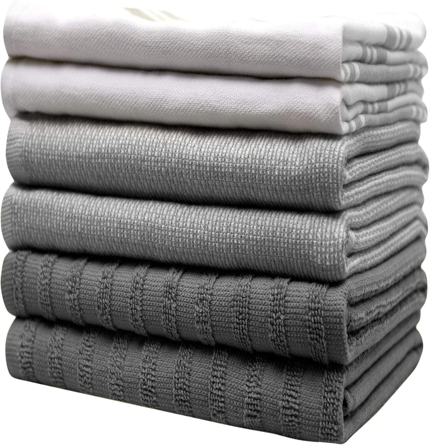 Premium Kitchen Towels 6 Pack 100% Cotton 20"x28" Dish Towels Grey Striped | Large Flat & Terry Kitchen Linen Set with