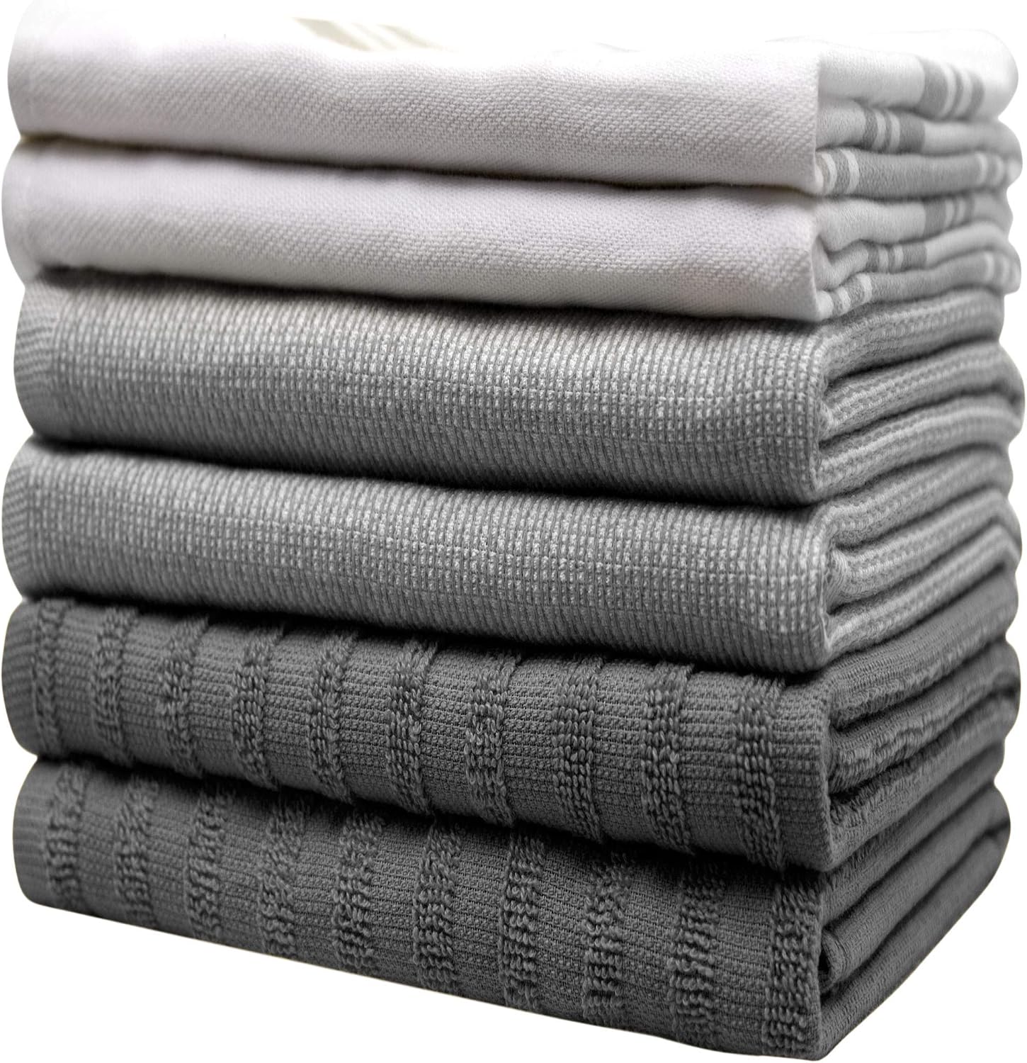 Premium Kitchen Towels 6 Pack 100% Cotton 20"x28" Dish Towels Grey Striped | Large Flat & Terry Kitchen Linen Set with
