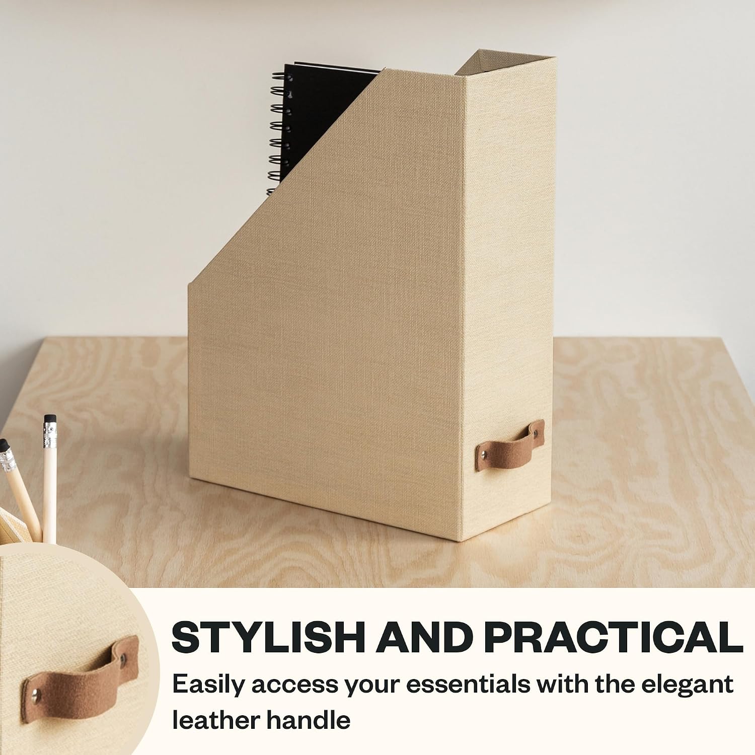 Bigso Estelle Magazine File - Magazine Holder and Organizer for Papers and Catalogs with Leather Handle - Magazine File