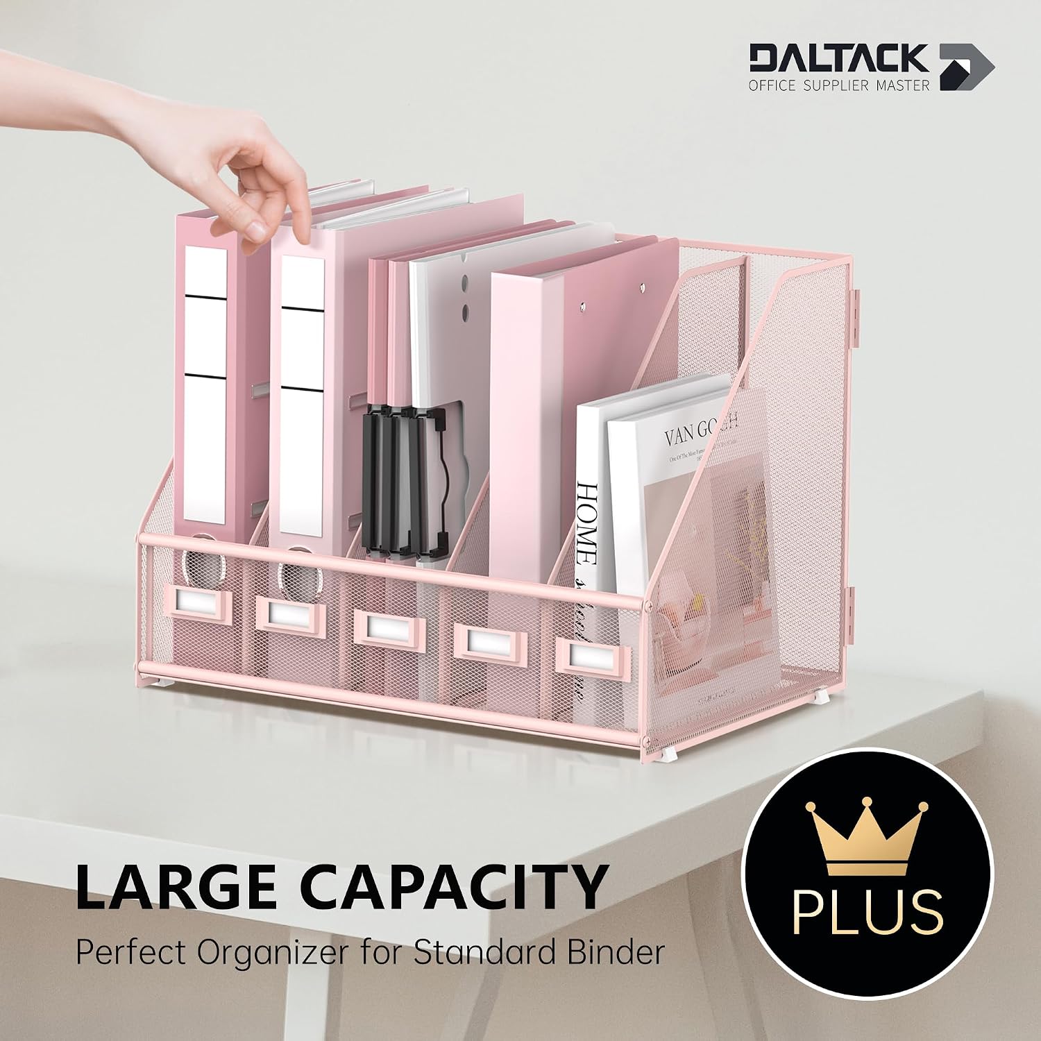 DALTACK 5-Slot Magazine File Holder, Metal Binder Holder, Pink | Iron Mesh Construction, Labeled Sections for Easy