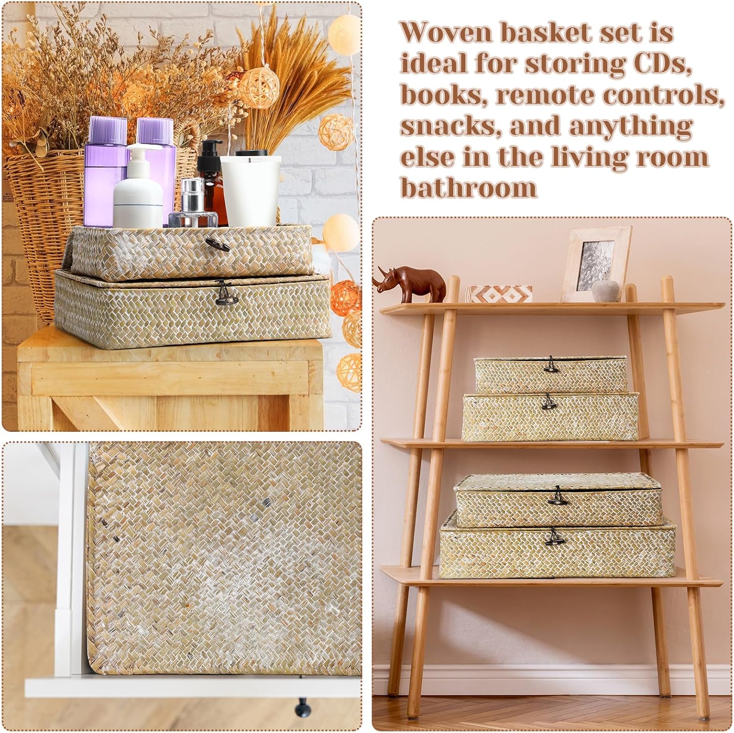 Seagrass Basket / Lid Wicker Storage Basket Decorative Storage Boxes / White / Set of 4