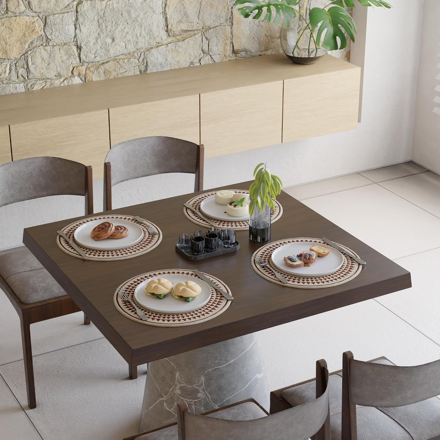 Encasa XO Dining Placemats, Cotton Round Table Mats 13" Maroon Mandala-3 Print