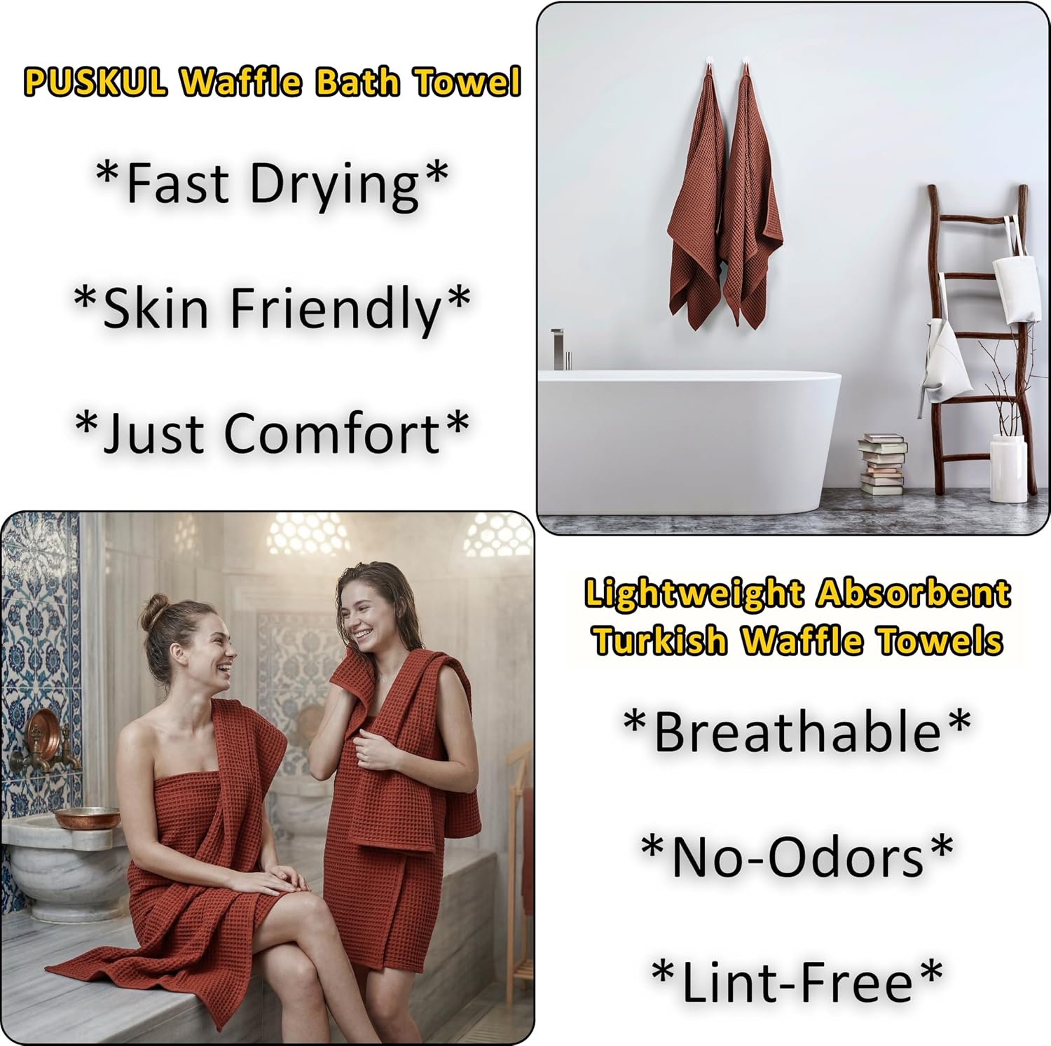 PÜSKÜL Natural 100% Turkish Cotton Waffle Bath Towels Set of 2, Extra-Large | Brick-Red, Oversize 32x63" Bath sheet